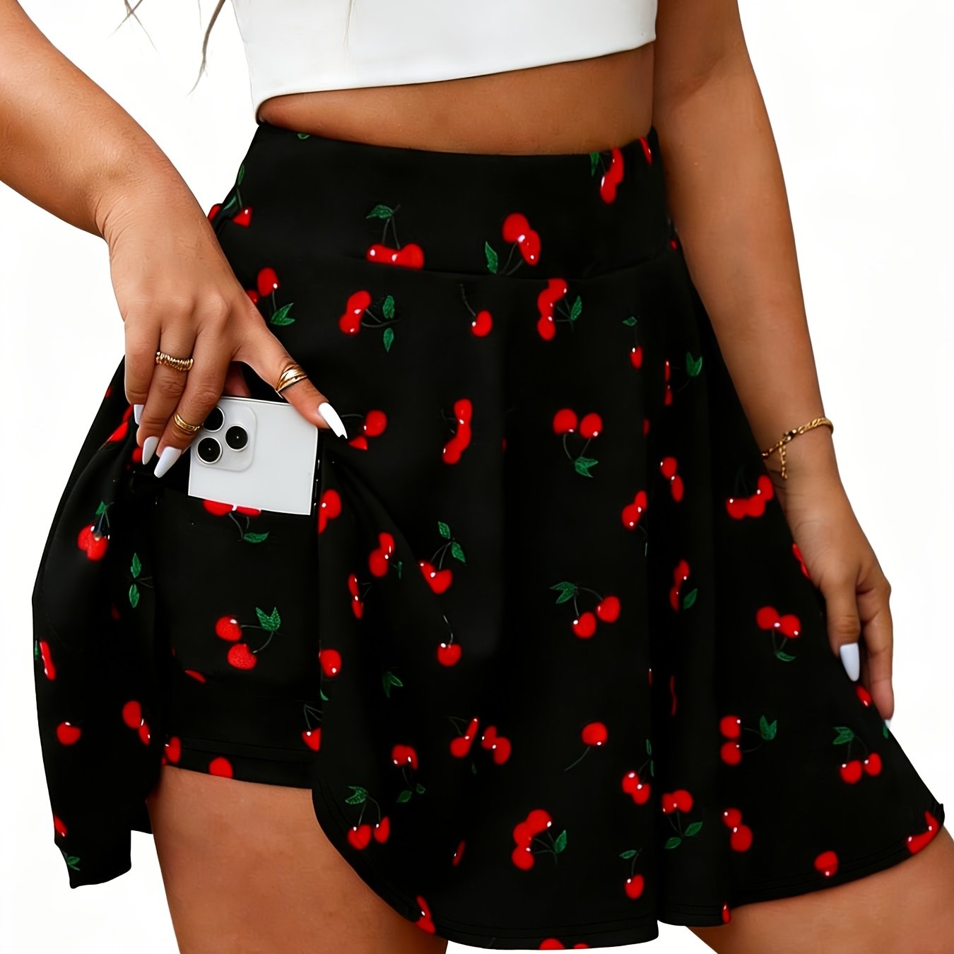 TEMU Plus Size, Women's Plus-size High-waist Flared Culotte Pants Skirt - Curve-friendly Wide- Trousers With Cherry Print & Side Phone, American