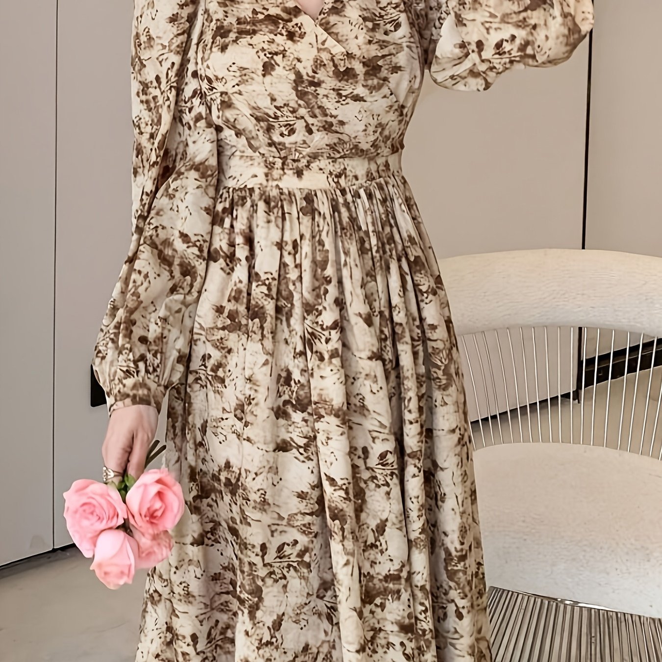 TEMU Women's French Style V-neck Puffed Sleeve Maxi Dress - Brown Floral Print A-line Wedding Guest Dress, Long Formal Party Gown For Elegant Wear