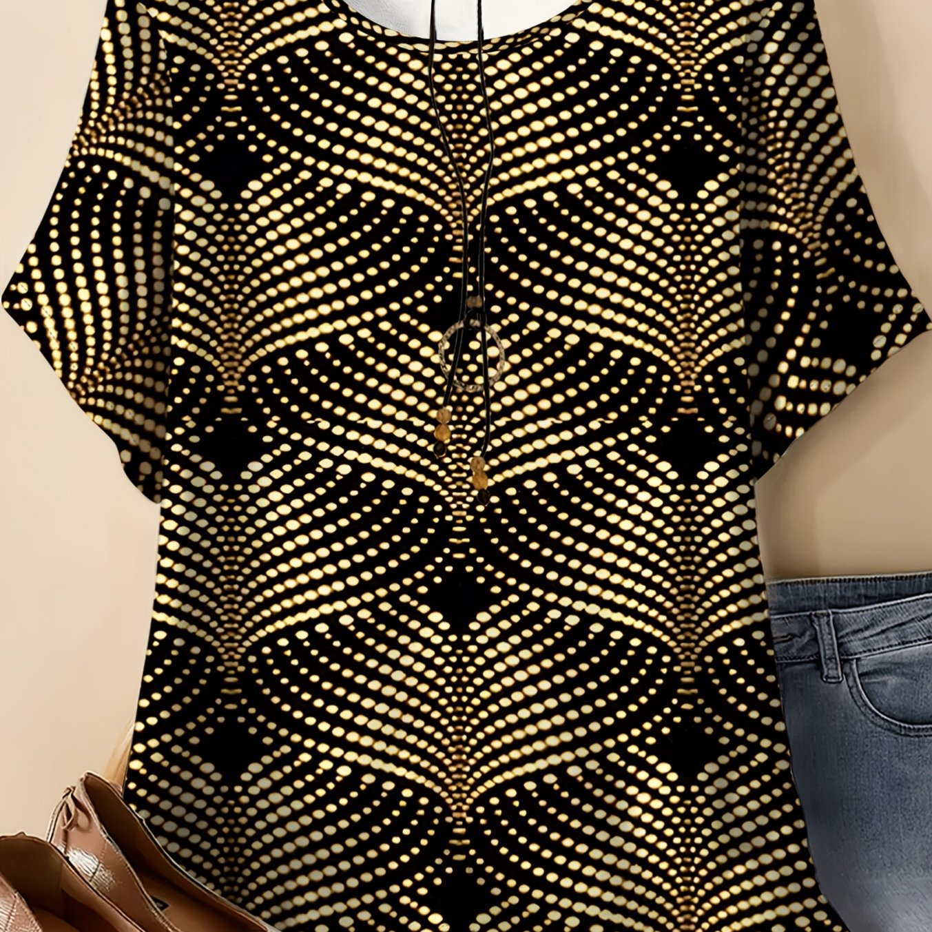 Plus Size, Plus Sizes Women's T-shirt Featuring A Solid With Golden Gradient Polka Dots And Geometric Textures.the Design Includes Shoulders And A Wavy Hem For A Relaxed Fit, Ensuring And A Flattering