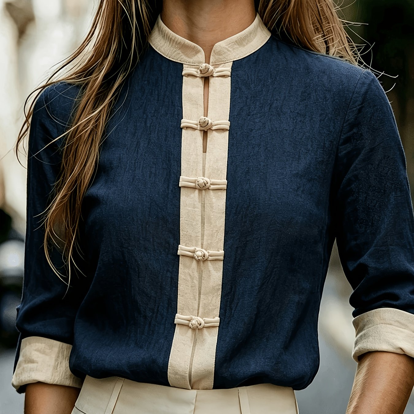 TEMU Camisa de de estilo chino con cuello mandarín y cierre de botones, patchwork de bloques de color, larga de vintage, ropa elegante para a día