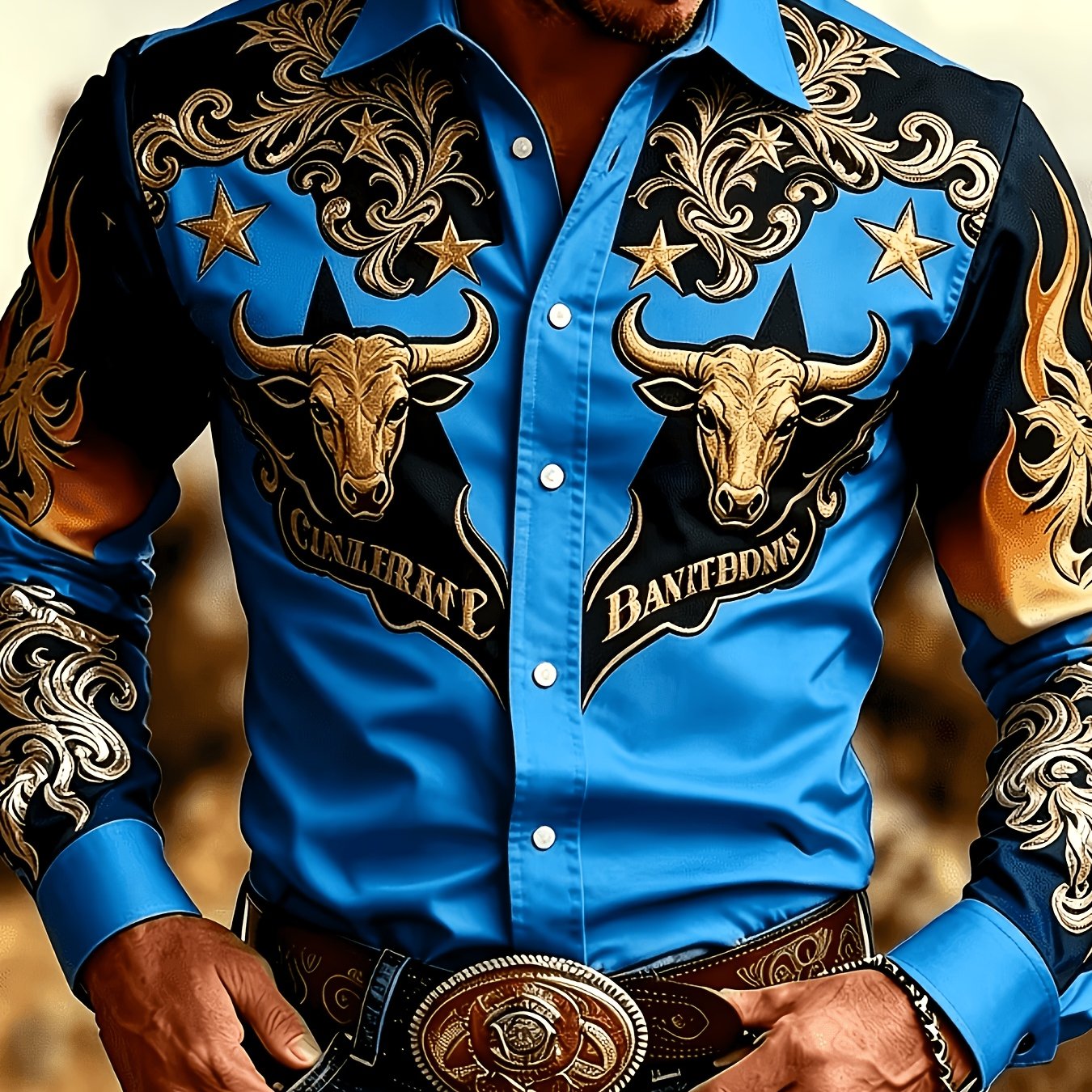 TEMU Vintage Western Cowboy Print Long-sleeve Shirt, And Stars Pattern Top, Suitable For Casual Outdoor And Daily Party Wear, Designed Specifically
