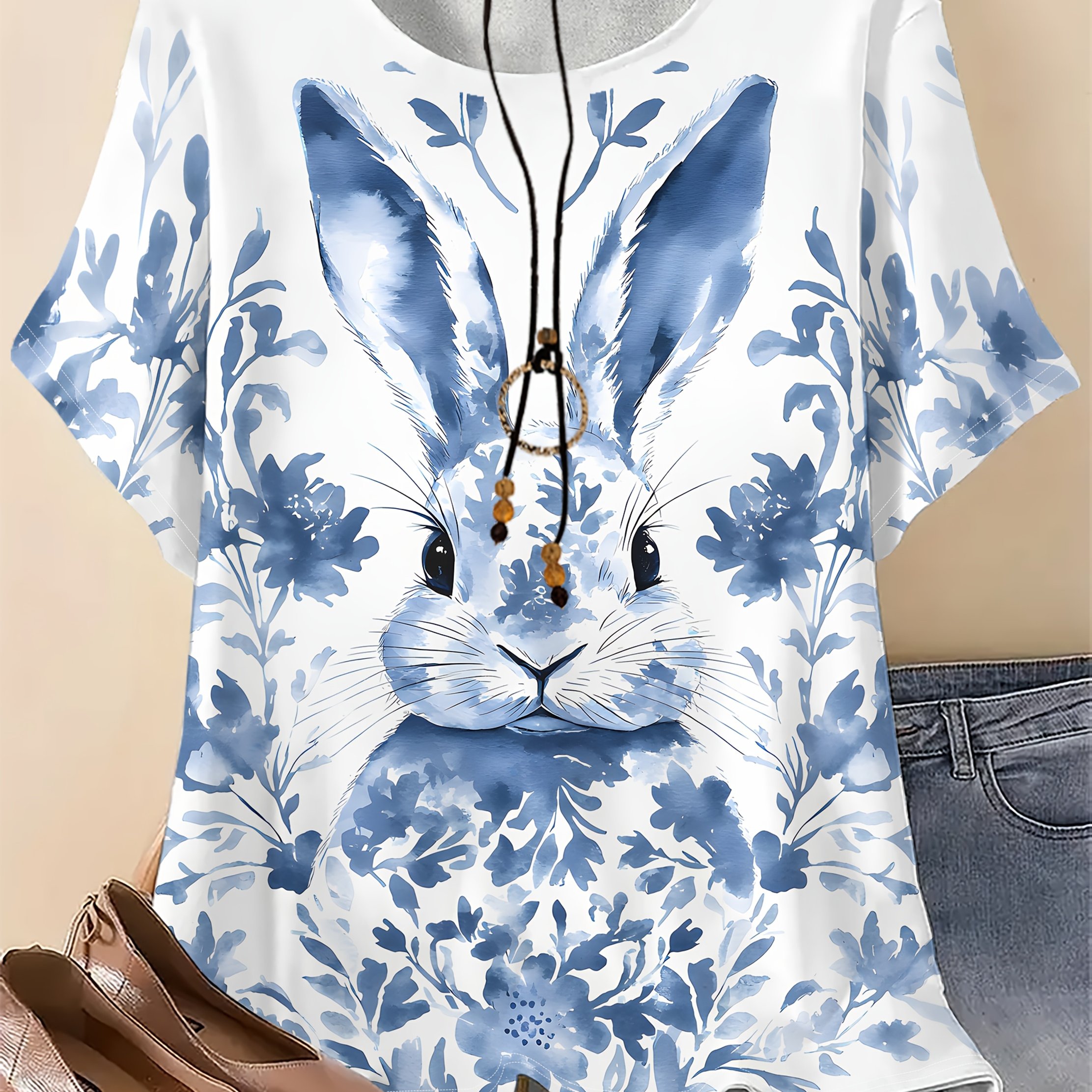 TEMU Plus Size - Plus Size - Plus Size - Elegant Women's Plus Size T-shirt With Rabbit Print - Short Sleeves, Round Neck, Lightweight, Casual , White