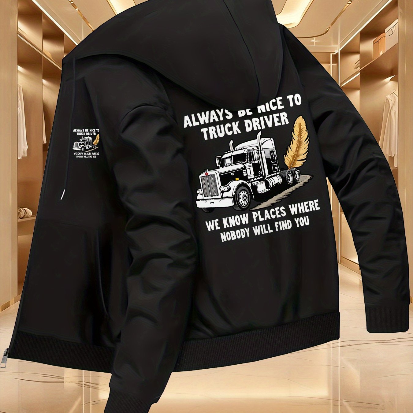 TEMU Men's Trendy Autumn And Winter, Hooded Jacket Truck Pattern European And American, Business Baseball Jacket Collar Versatile Top, Jacket Hooded