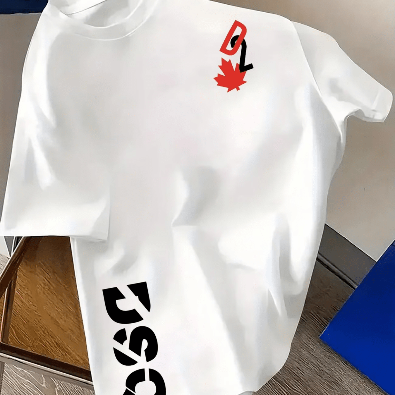 TEMU Leaf D2 Upper Chest Logo And Large Geometric Letter Side Print Fashion Casual Crew Neck Short Sleeve