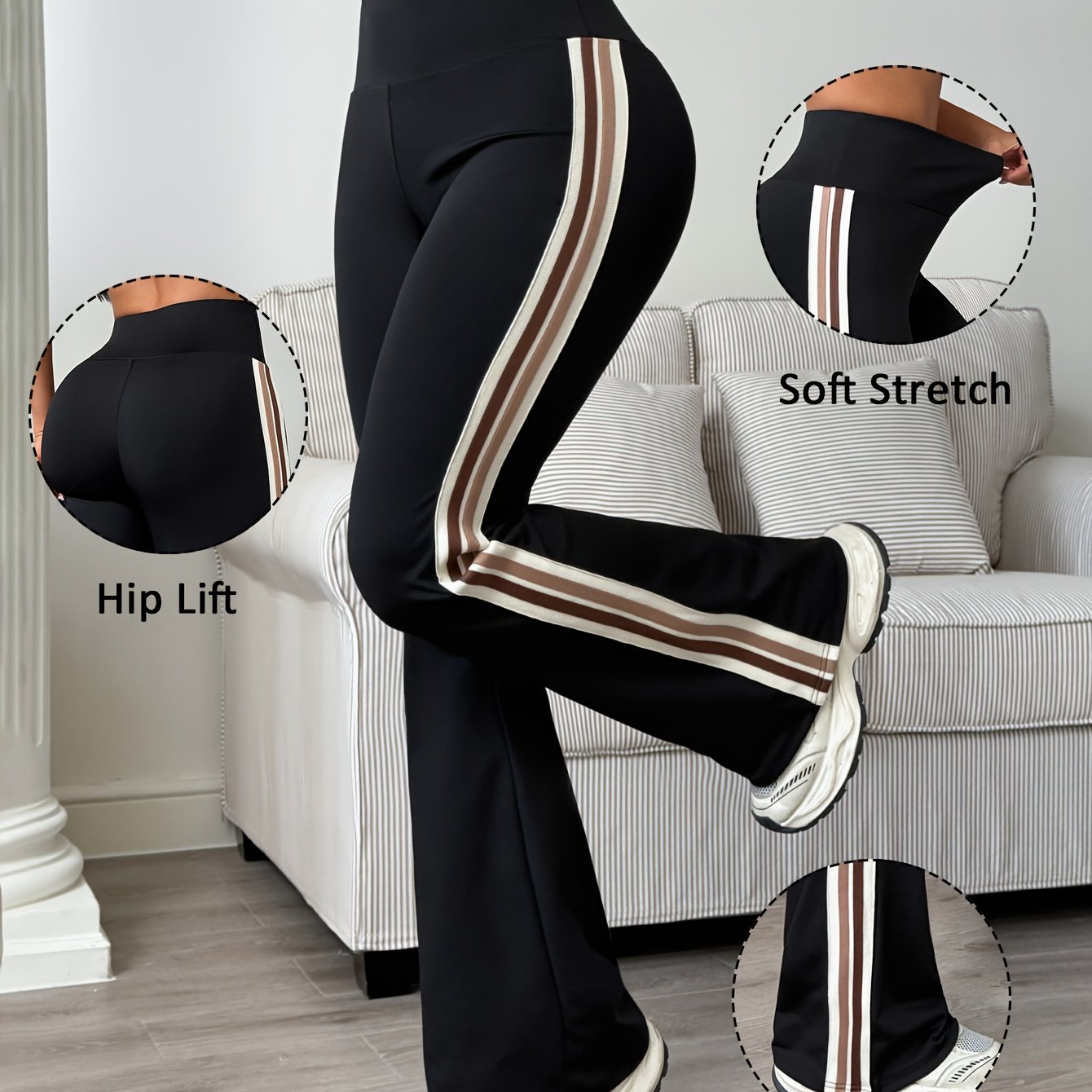 TEMU Dames Casual Sportieve Hardloopbroek met Kleurblokken, Gestreepte Wijd Uitlopende Lange Pijpen