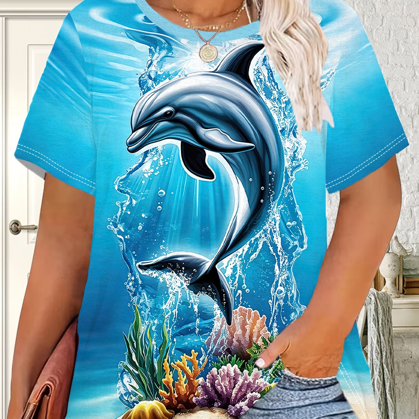 TEMU Plus Size, Women's Plus Size Ocean Dolphin Print T-shirt, With Leaping And Coral Print Round Neck Short Sleeve, Featuring A "cool And Vibe" With