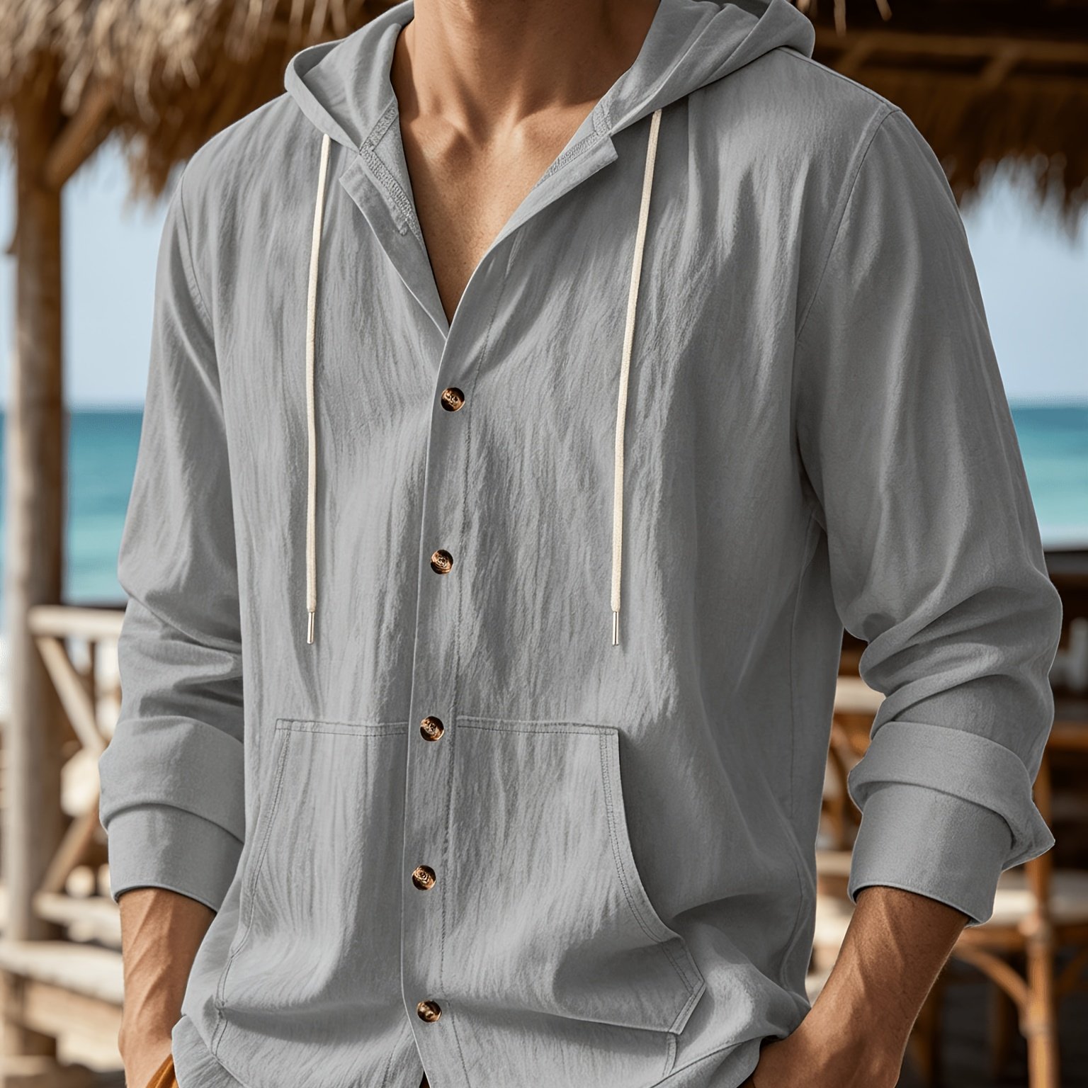 TEMU Men's Linen Hooded Shirt, Long Sleeve, Summer Lightweight, Breathable, Comfortable, Linen Casual Beach Cardigan With Pockets