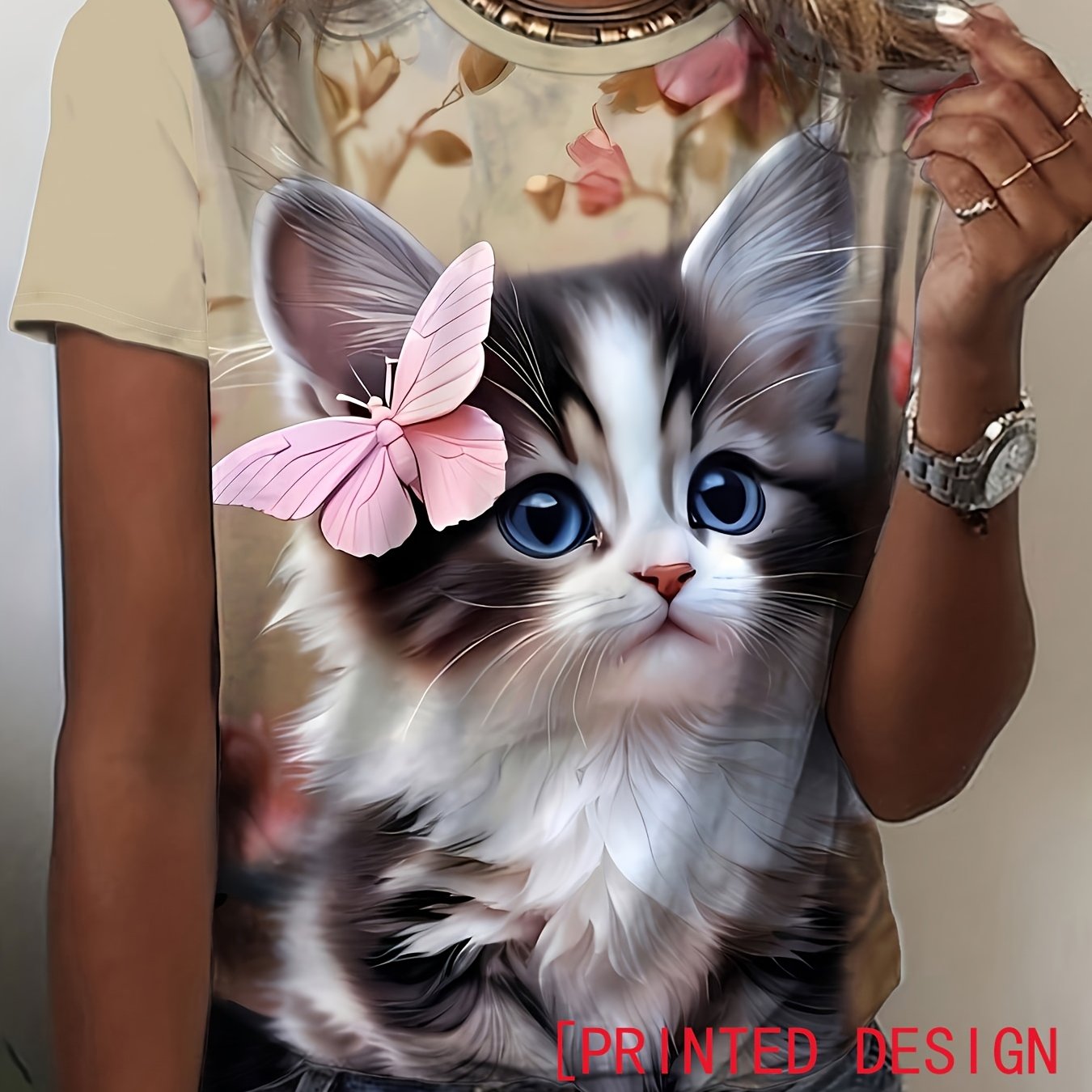 TEMU T-shirt Respirant à Séchage Rapide pour Femme avec Imprimé Papillon et Chaton - Haut à Manches Courtes et Col Ras du Cou Compatible avec une