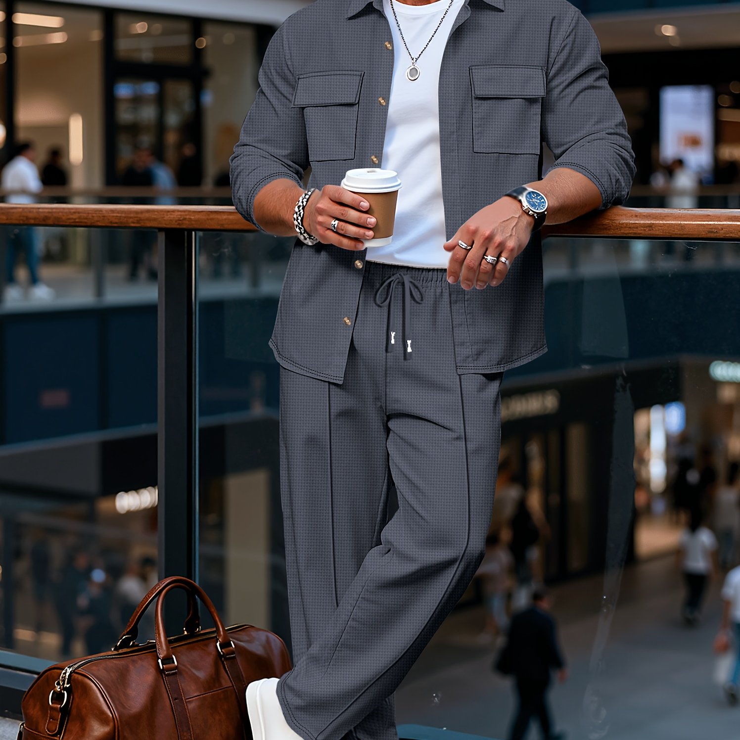 Image of Spring And Autumn Men's Long Sleeved Pants With A Sense Of Luxury And Retro Temperament Featuring Lapel Pockets And Button Long Sleeved Jackets And Versatile Casual Pants Men's 2pcs Clothing Set