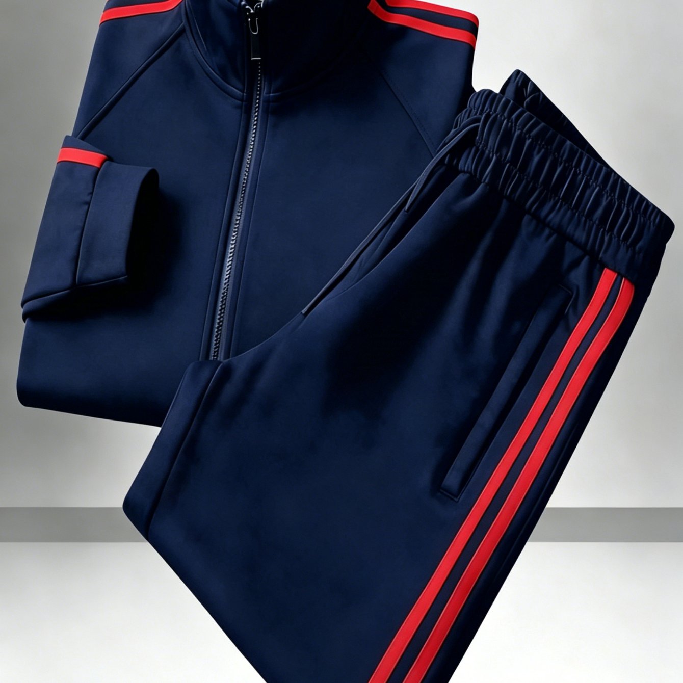 Image of Men's Stand Collar Sports Set, Made Of Polyester Material, With Letter Prints, Casual Sports Style, Suitable For Daily Wear