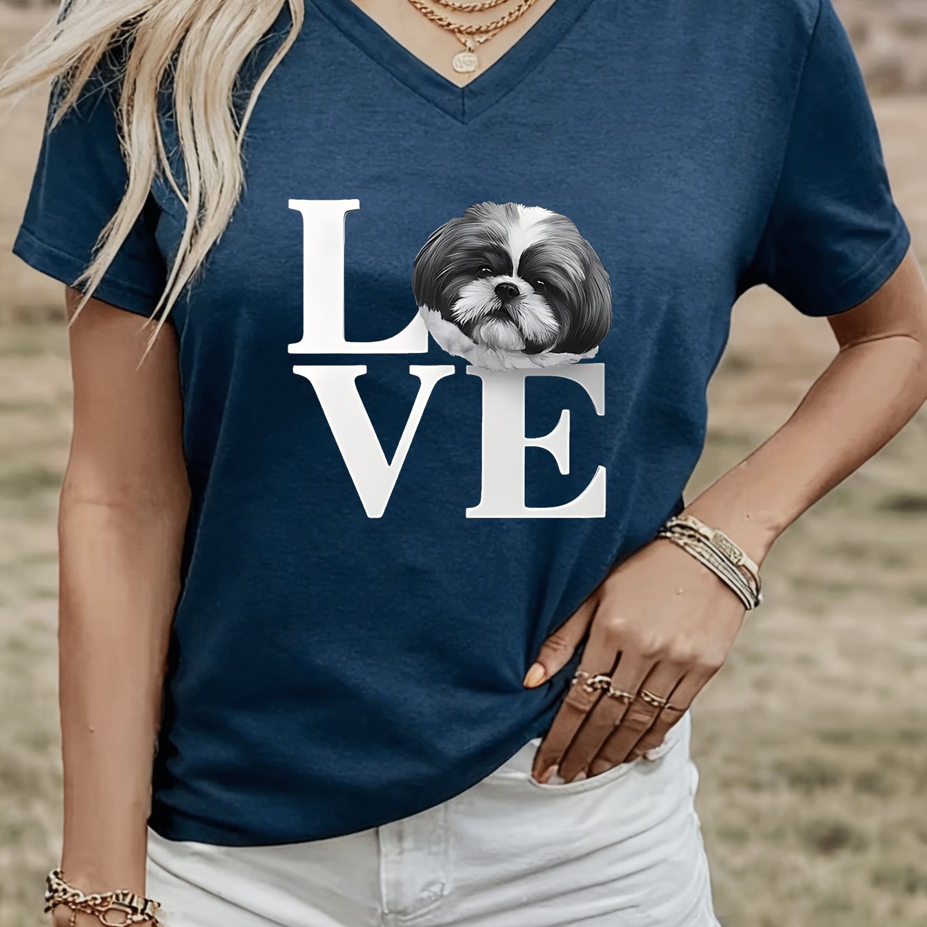 TEMU Women's Casual V-neck Short Sleeve T-shirt With Shih Tzu & Print - Light Grey Relaxed Fit Machine Washable Top For Spring Summer Fall, Ladies T