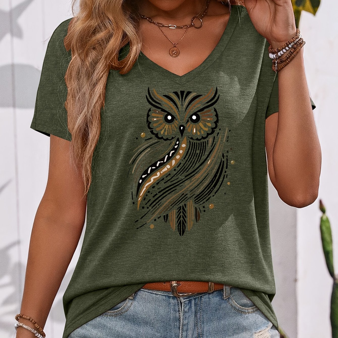 TEMU Owl-themed Printed V-neck Colored T-shirt, Summer Loose Fit Casual Top, Fashionable And Versatile Item 12517