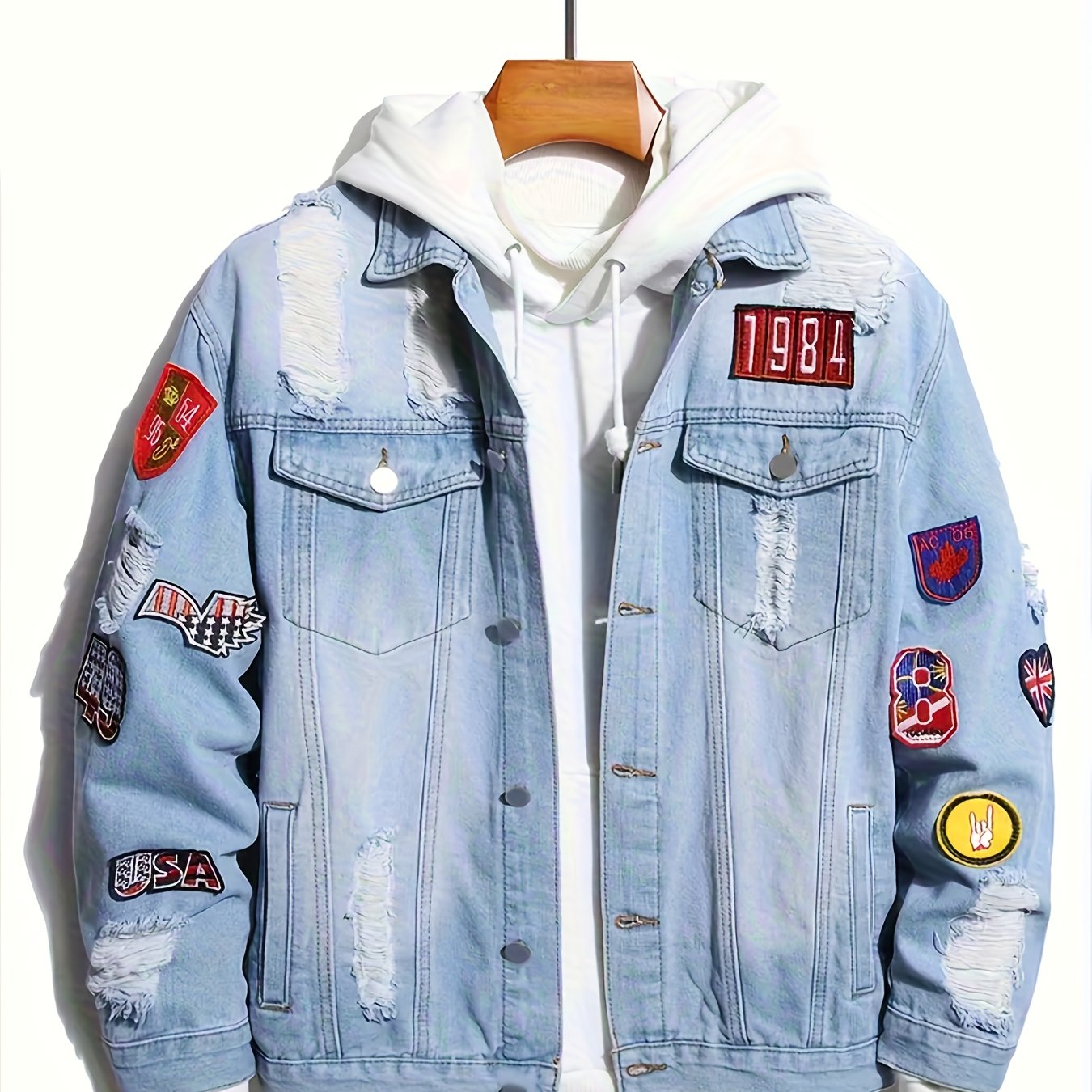 [allsro] Ripped Denim Jacket For Men, Multiple Stickers, Street Style, Distressed Wash, Trendy Loose And Cool Top, Fashionable And Versatile, Wear