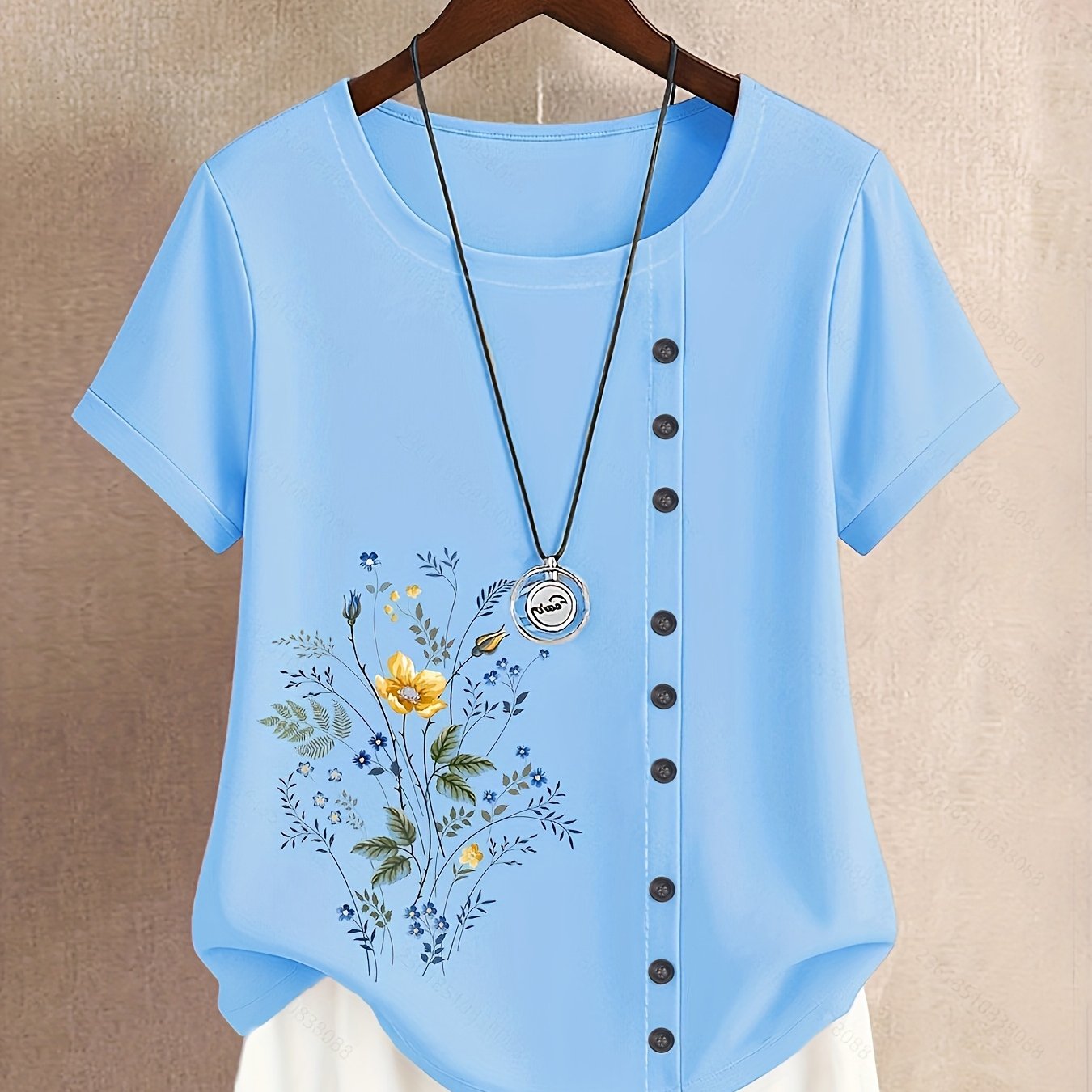 TEMU Women's Casual Short Sleeve Printed Button Detail Top - Comfortable Round Neck, Machine Washable, Versatile Style | Loose Fit | Lightweight