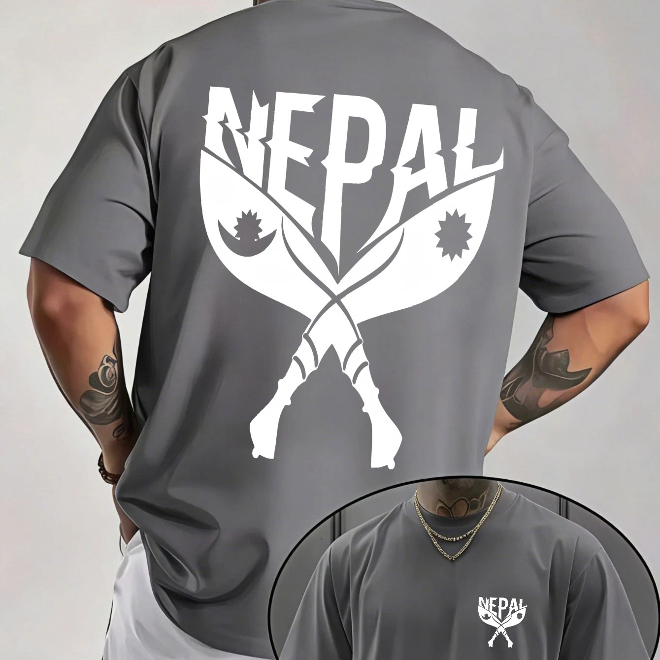 TEMU Men's Nepal Knife Print T-shirt - Nepal-themed Design Casual Streetwear Round Neck Summer Top | Suitable For Outdoor & Casual Attire, Hand