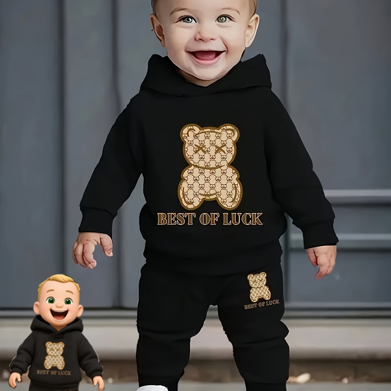 Image of Newborn Baby Boy Autumn Winter Letter Bear Print Hooded Sweatshirt And Casual Athletic Long Pants 2pcs Set Suitable For Outdoor Activities