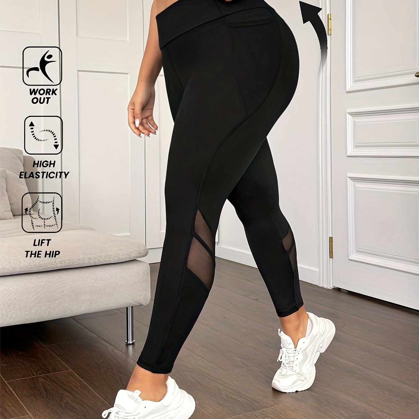 E-shop Plus Size - Plus Size - Plus Size Mesh High Waist Bauchkontrolle Hüftlift Seitentasche Leggings