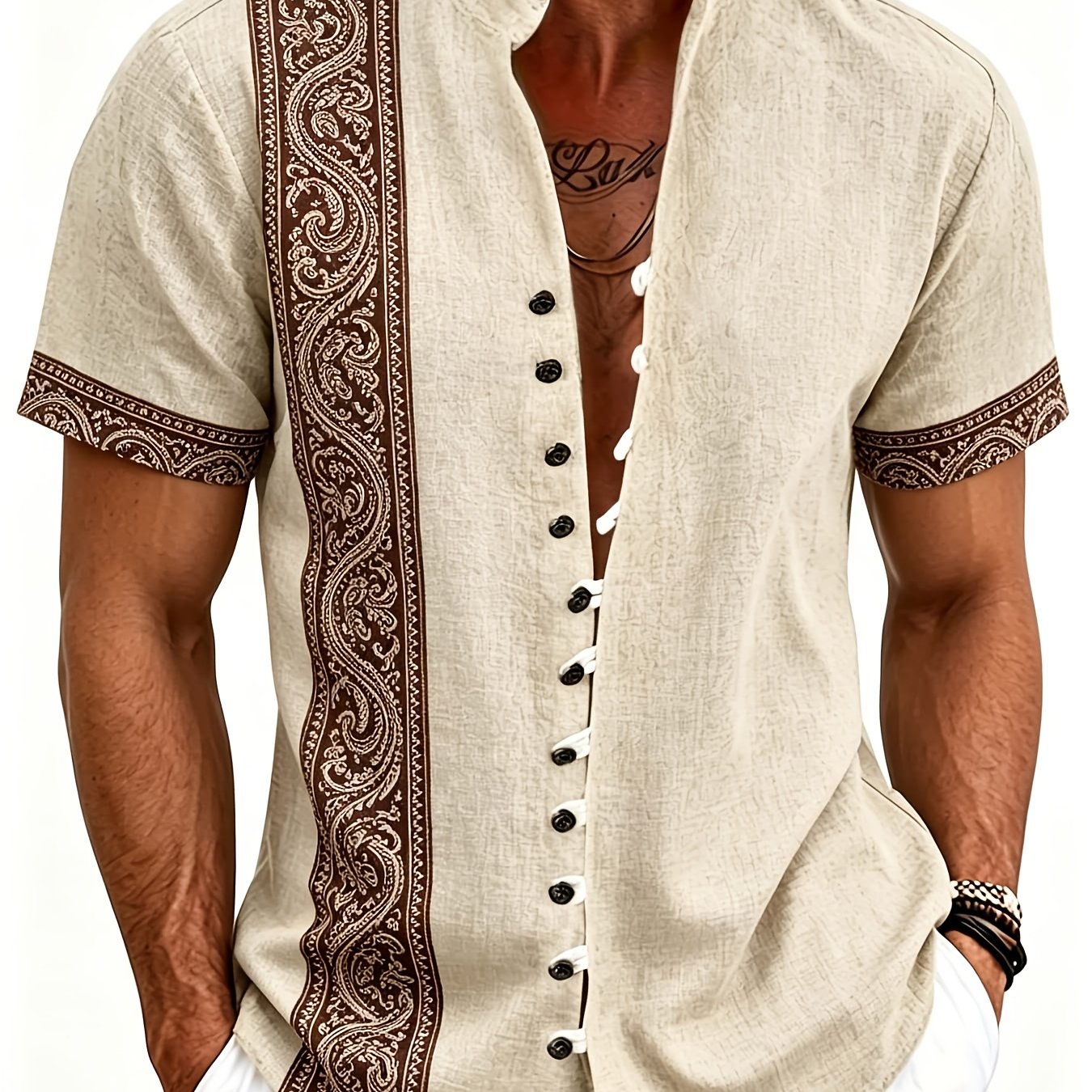 Image of Men's Casual Shirt Faux Linen Art Print Stand Collar Short Sleeve Button Shirt Bohemian Ethnic Tribal Street Style Tops Suitable For Beach Vacation Summer And Wear