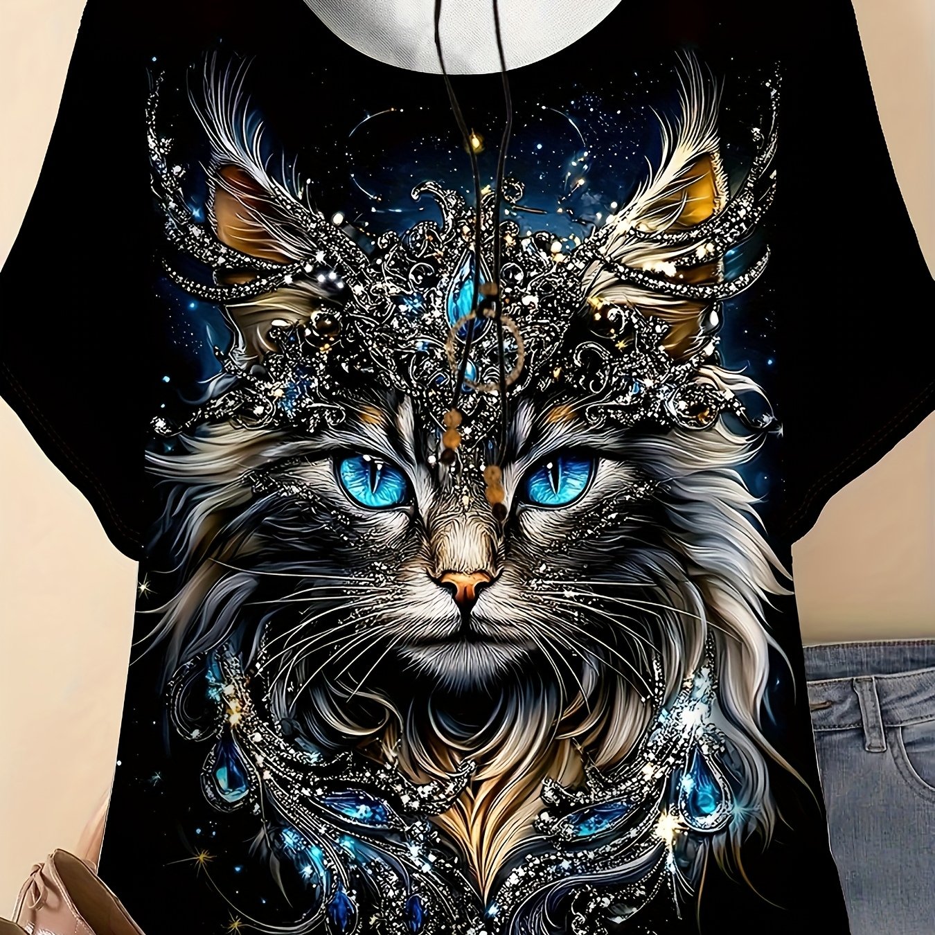 Image of Plus Size, Plus Size Women's Casual Short Sleeve T-shirt - 3d Cat With Stars & Swirls Print, Lightweight Breathable Polyester Blend, Relaxed Fit Round Neck Summer Top, Machine Washable, Cat Tshirt