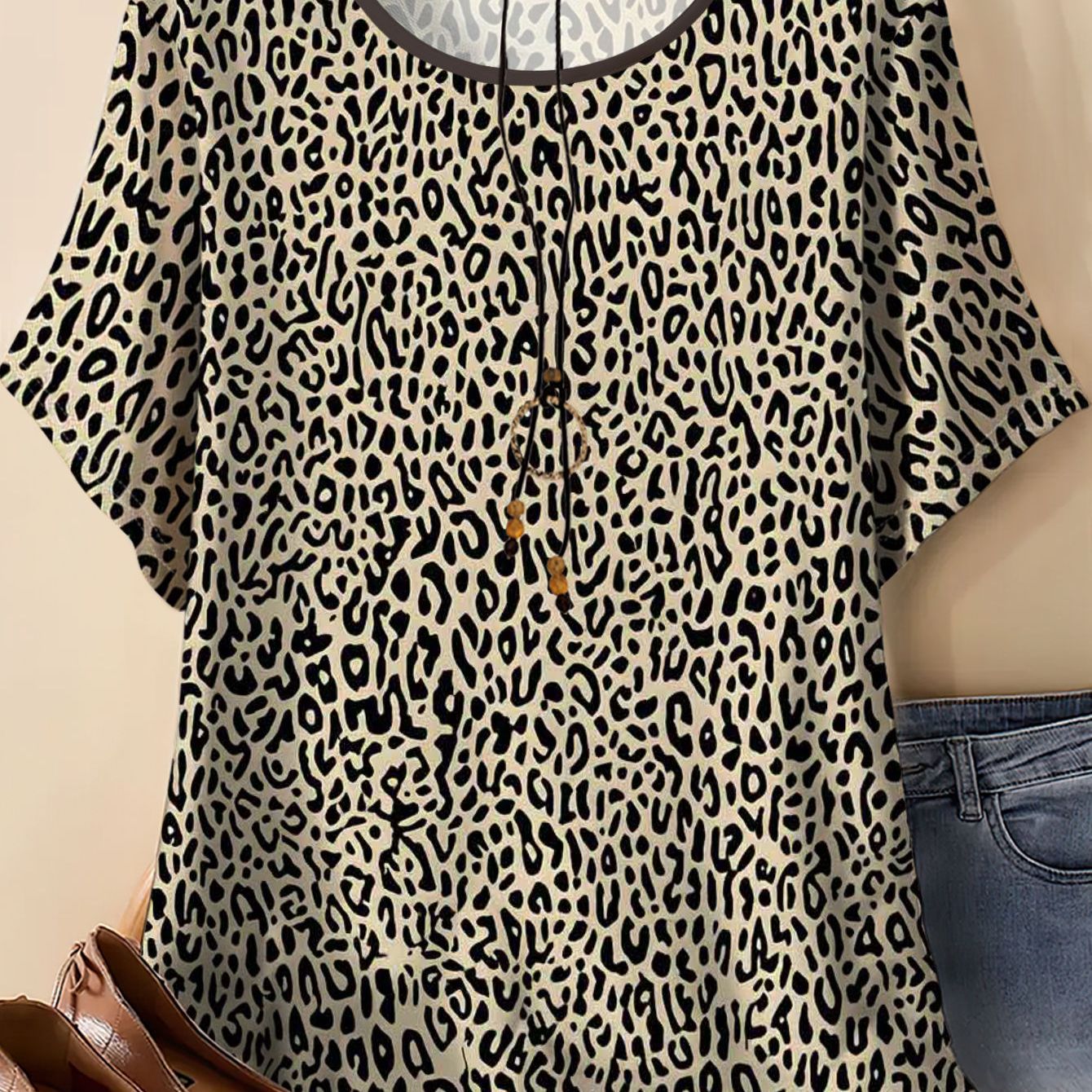 TEMU Women's Plus Size Leopard Print Short Sleeve T-shirt For Summer, Loose Fit, Flattering, Versatile Top, Trendy And Stylish, Designed To Conceal