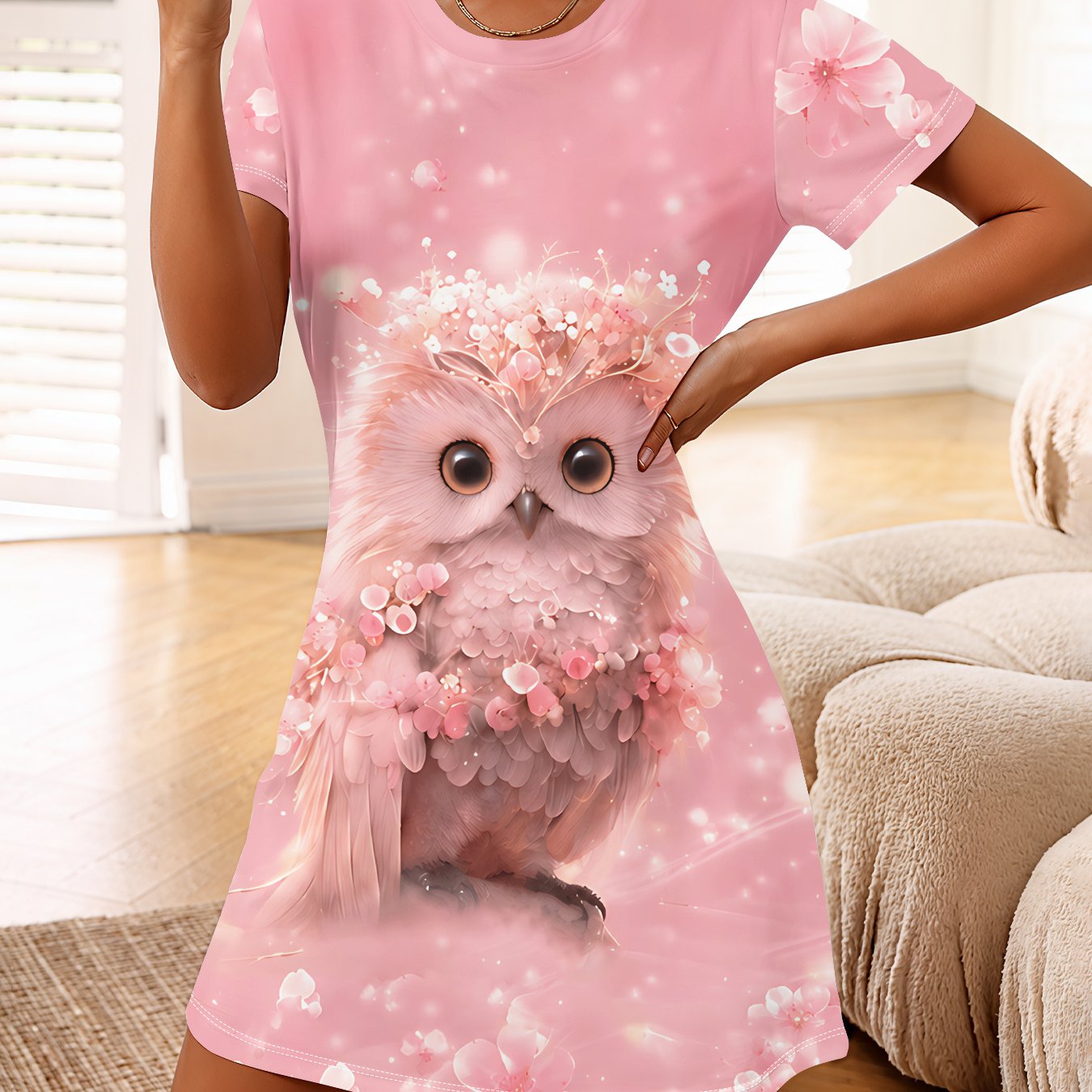 TEMU [printed Design-not Textured] Pink Cherry Owl Nightgown, Stylish Trendy Casual Sleep Dress Suitable For All Year Round For Women, Ideal For