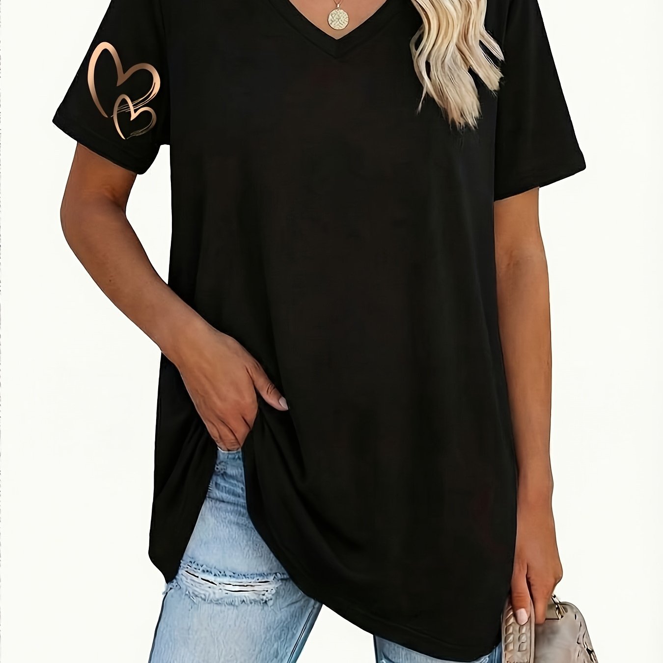 TEMU Plus Size Women V Neck Solid Geometric Pattern T-shirt