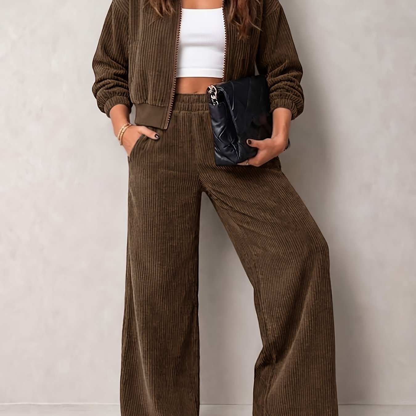 TEMU Dames ribfluwelen losvallende vintage casual set: baseballjack met verlaagde schouders + broek met hoge taille en wijde pijpen, 2-delige set