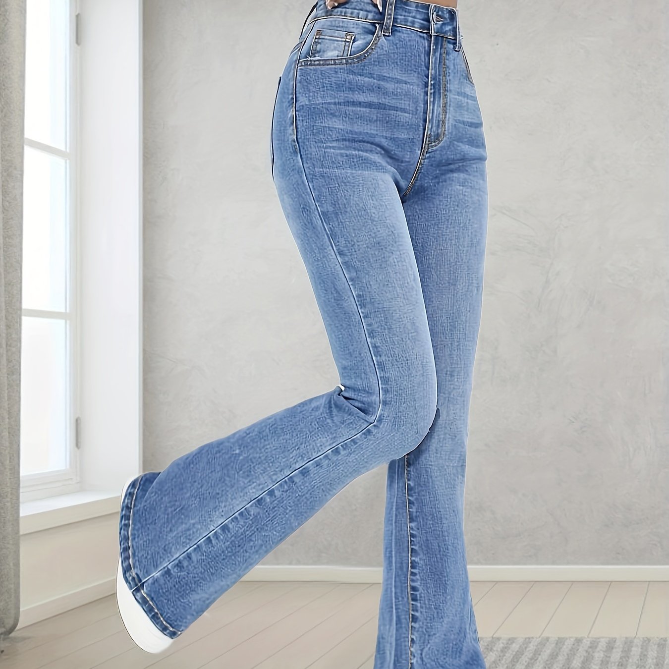 Fashionable And Versatile Blue High-waisted Elastic Slim-'s Denim Flared Trousers