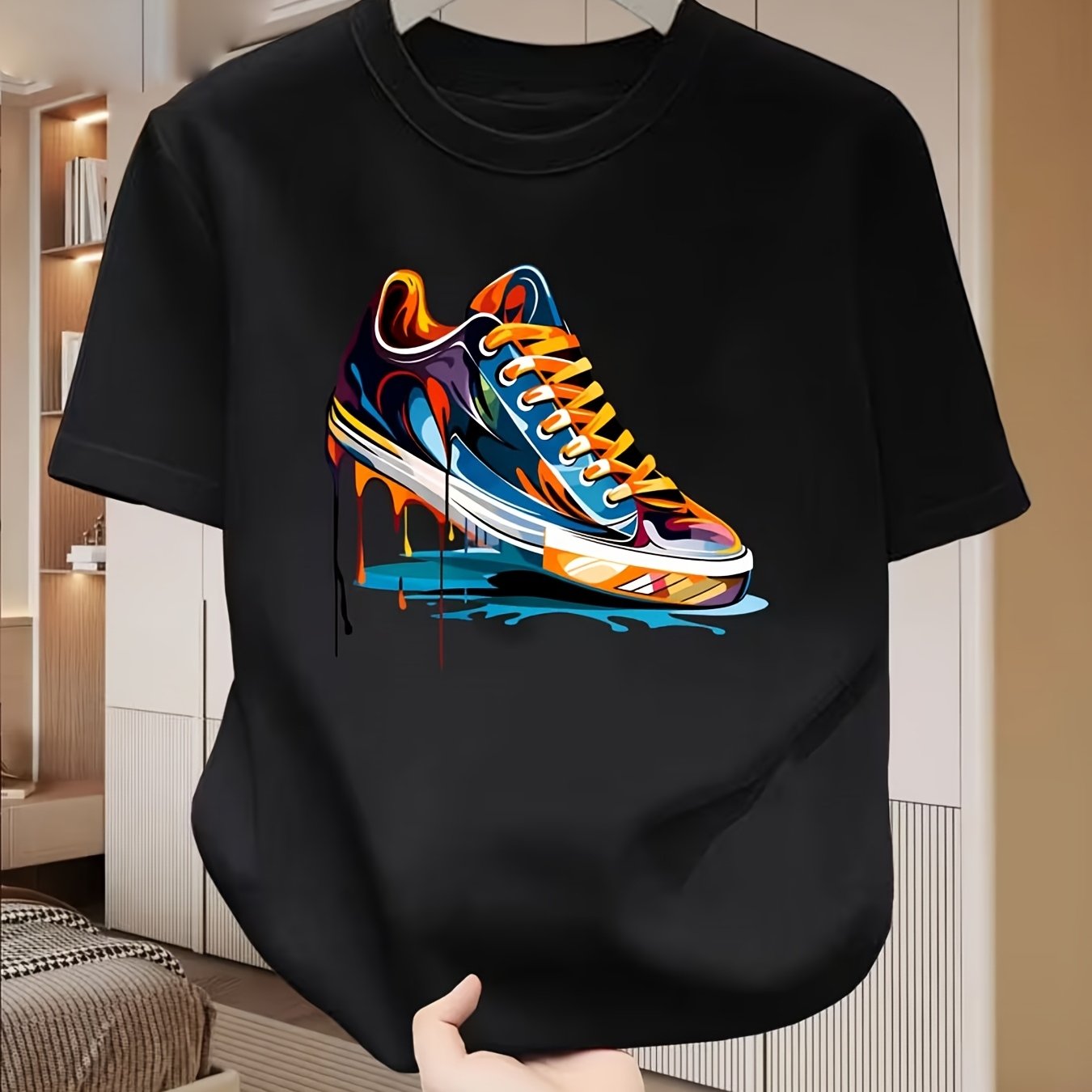 TEMU T-shirt da a maniche corte con stampa graffiti di sneaker e design streetwear con schizzi di - Maglia casual traspirante, vestibilit� regolare