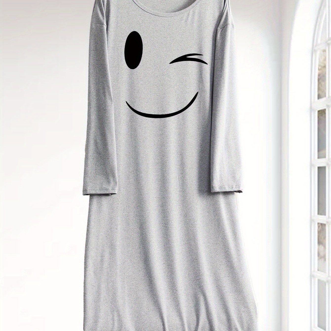 TEMU Adult Casual Cartoon Smile Print Large Size Sleeping Gown - Polyester Knit Fabric, Elasticity, Pajama Dress For Autumn/winter Season
