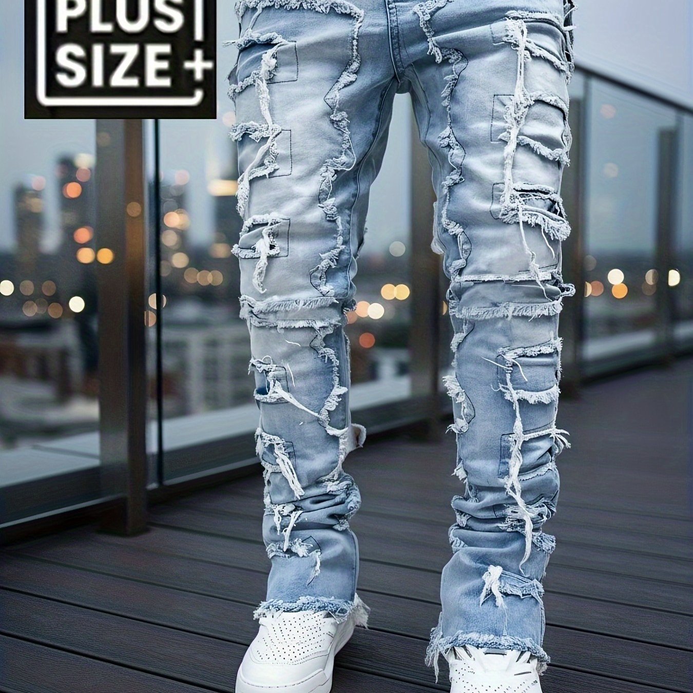 TEMU Hme - Men's Plus-size Vintage Hip-hop Jeans, Street-style With Heavy Washed Ripped Details, Mid-rise Stretchy Slim Straight Legs, Suitable For ,