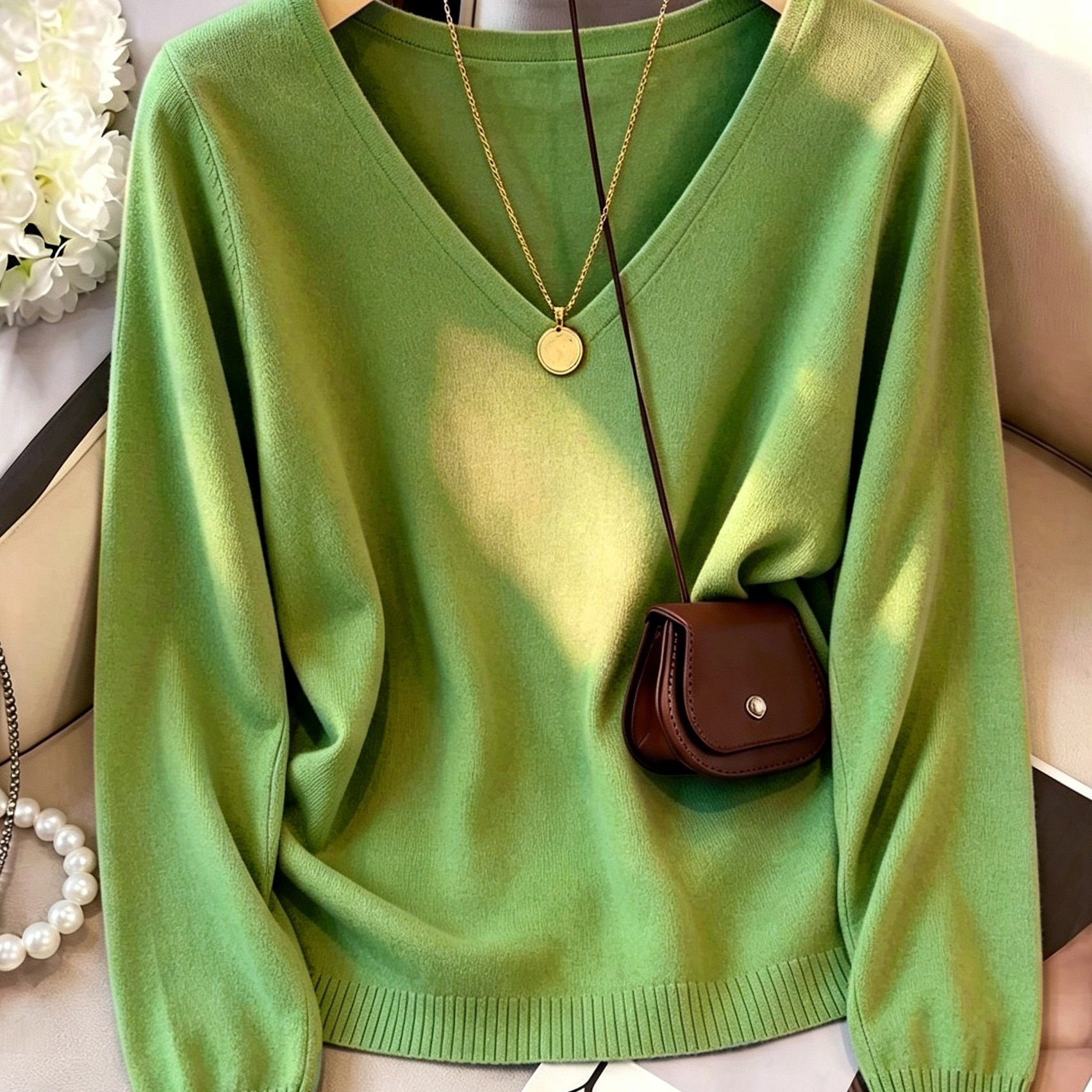 TEMU Women's Pullover Sweater, Autumn Winter -neck Long Sleeve Sweater, Gentle Style Easy Temperament Fabric, Classic V-neck Design Versatile, Loose