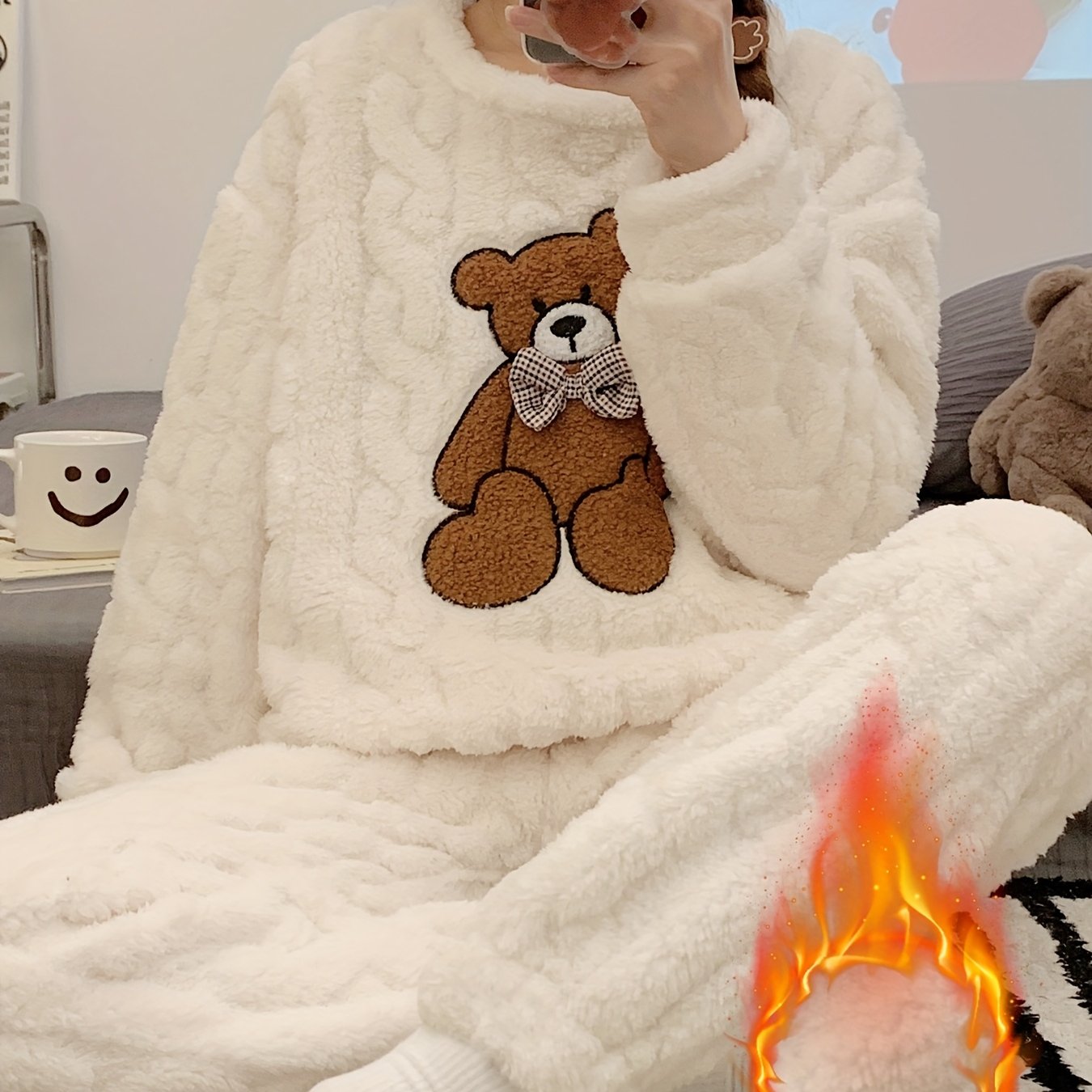 E-shop Neuer Herbst/Winter Pyjama-Set, Jacquard Langarm-Bärenoberteil Flanellhose, dick warm