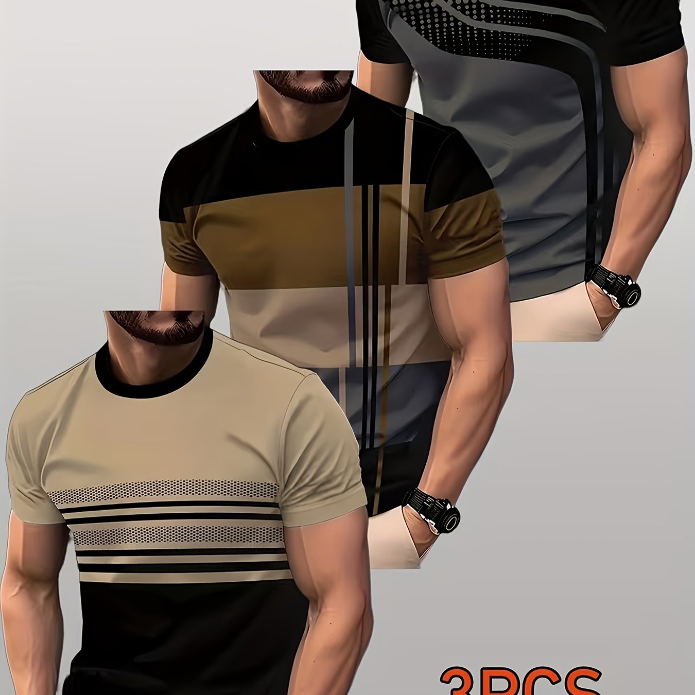 TEMU 3pcs Men's Breathable Summer T-shirts - Digital Pattern Contrast Stripes, Regular Fit With Stretch For Fitness, Casual Outdoor Wear, Cute Top,