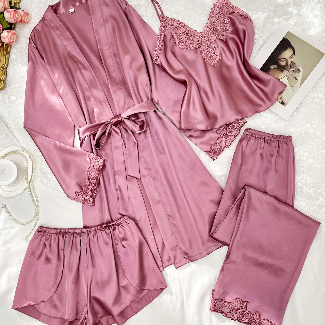 TEMU Damen 4-teiliges Pyjama-Set mit bestickter Spitze Y-Imitat
