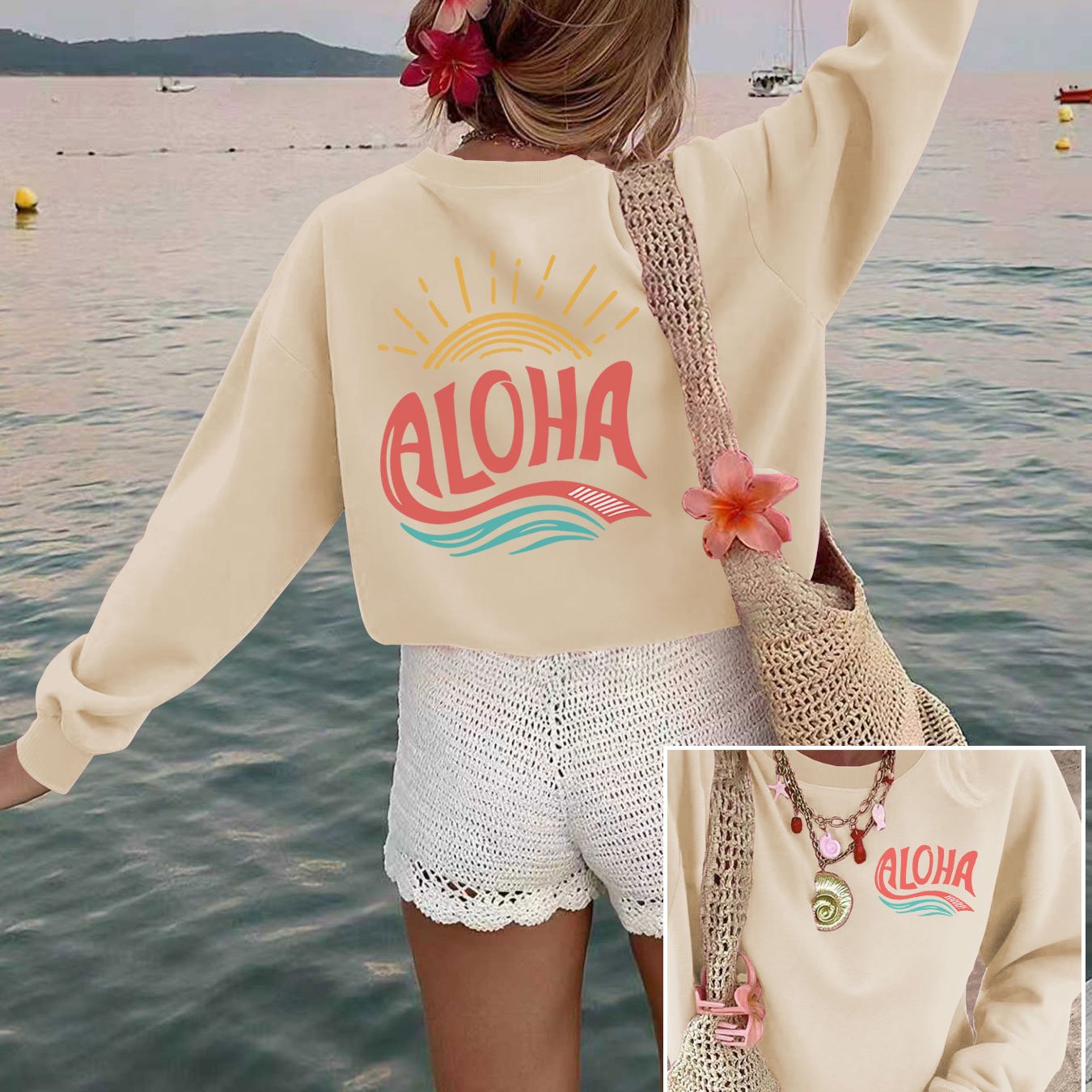 TEMU Women's Hawaiian Aloha Print Sweatshirt - Long Sleeve Crew Neck Casual Pullover With & , Soft Beige & Turquoise Hawaiian Lettering, Spring/fall