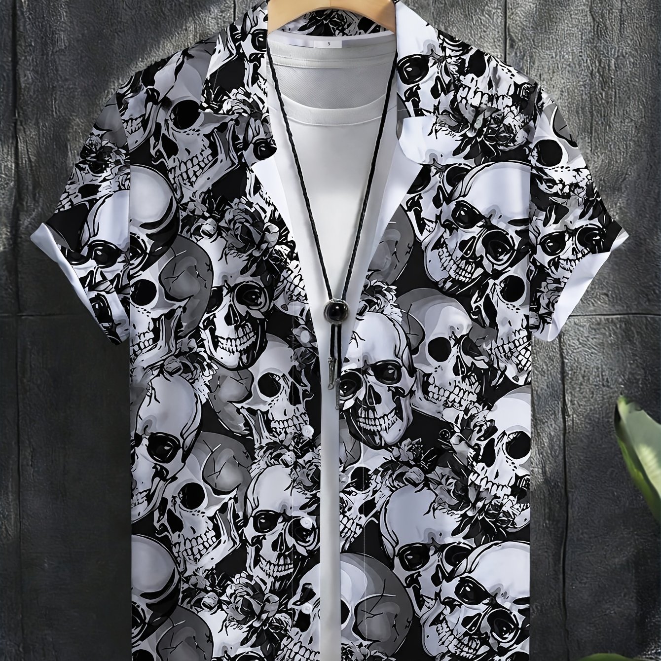 TEMU Men's Fashion Short Sleeve Shirt, Skull Design, Perfect For Casual And Beach Vacations