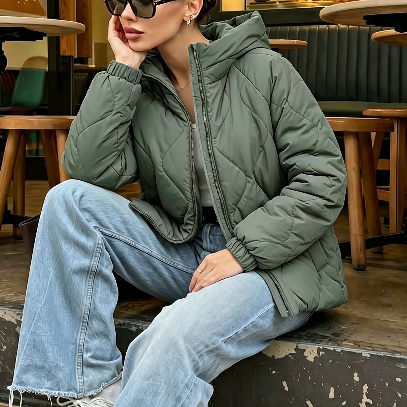 TEMU Hooded Jacket Top Women's Loose Off-shoulder Fit Casual Daily Wear Easy Grand Long Sleeve Outerwear Casual Outing Outfit Basic Versatile Women's