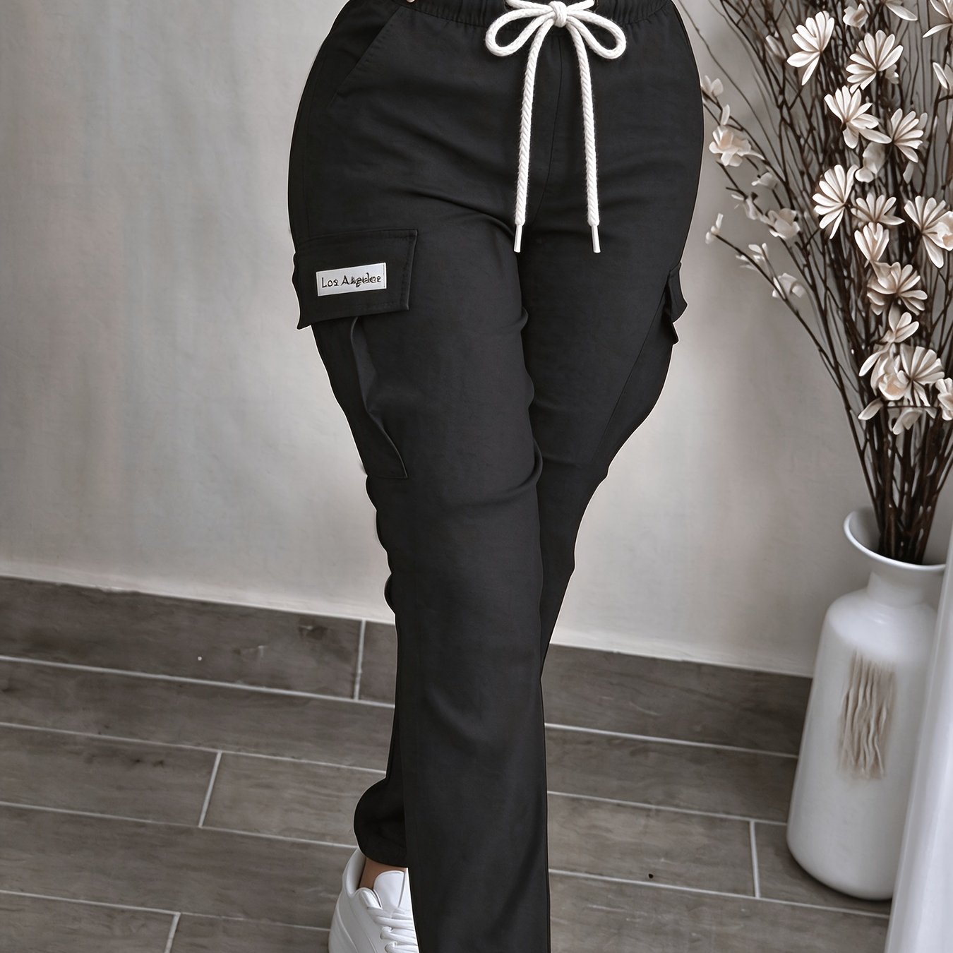 TEMU 2026 European And Selling Women's High Waisted Elastic Waisted Workwear Leg Tied Pants With Fake Drawstring Design, Multi Pocket Labeling