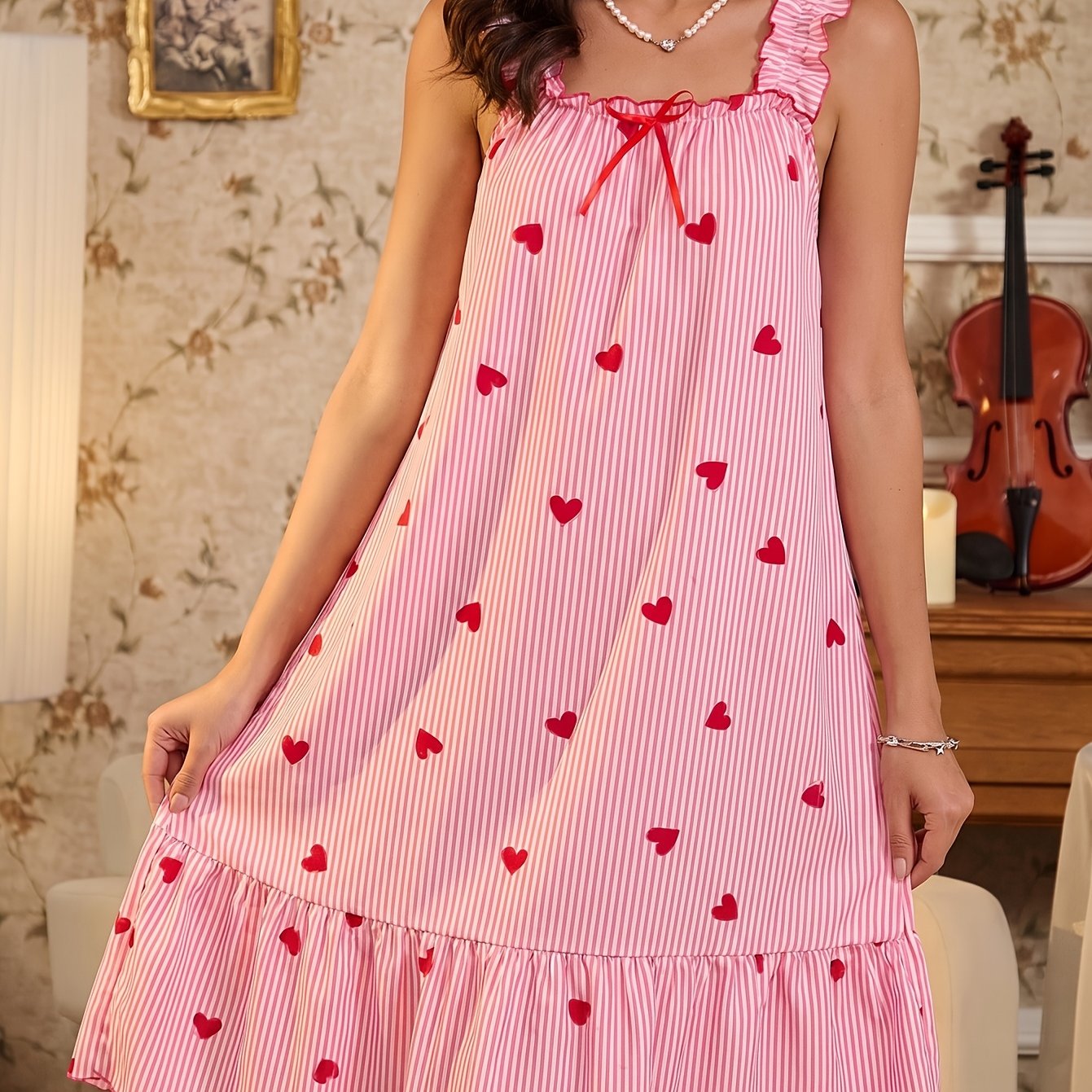 TEMU Fashionable Women's , Classic Striped Square Neckline With Hem Spaghetti Strap Maxi Dress, Relaxed And Comfortable, Elegant With Simple Pattern