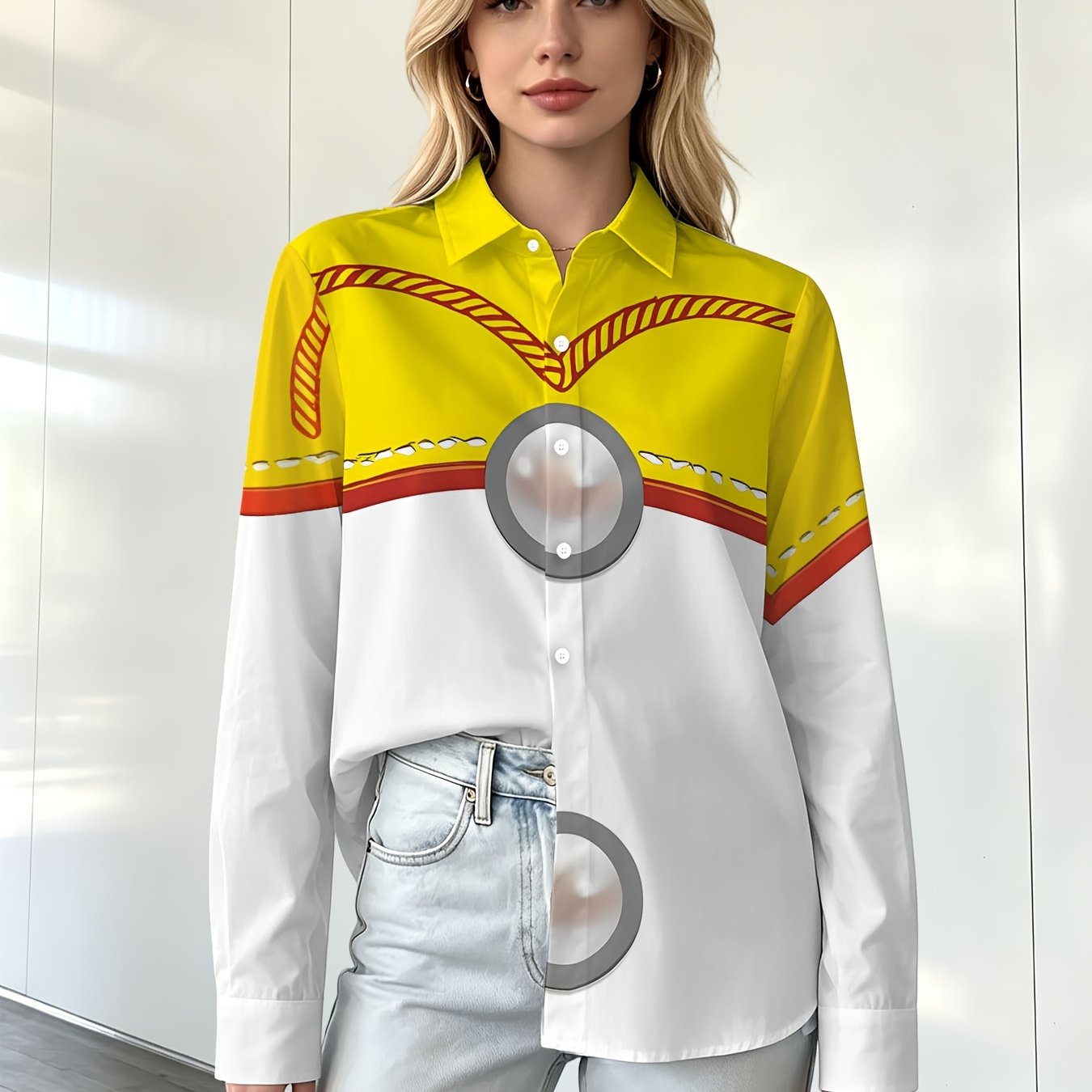 TEMU Printed Design - Not Textured Women's Casual Long-sleeve Shirt, Print, Women's Lapel Long-sleeve Shirt, Simple , Product Without Accessories