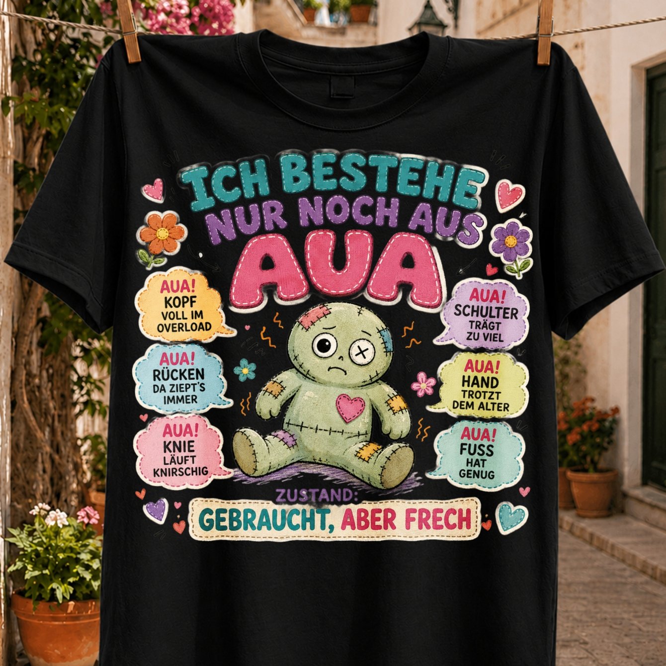 Image of Colorful Patched Green Doll Flowers Hearts Pain Callouts And German I Of Aua Text Unisex All T-shirt