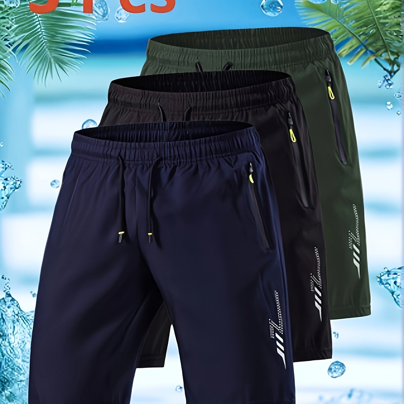 TEMU 3pcs Men's Plus Size Casual Shorts For Summer, Quick-dry Knee-length Pants - Elastic Waist With Drawstring For | Lightning Print Design -