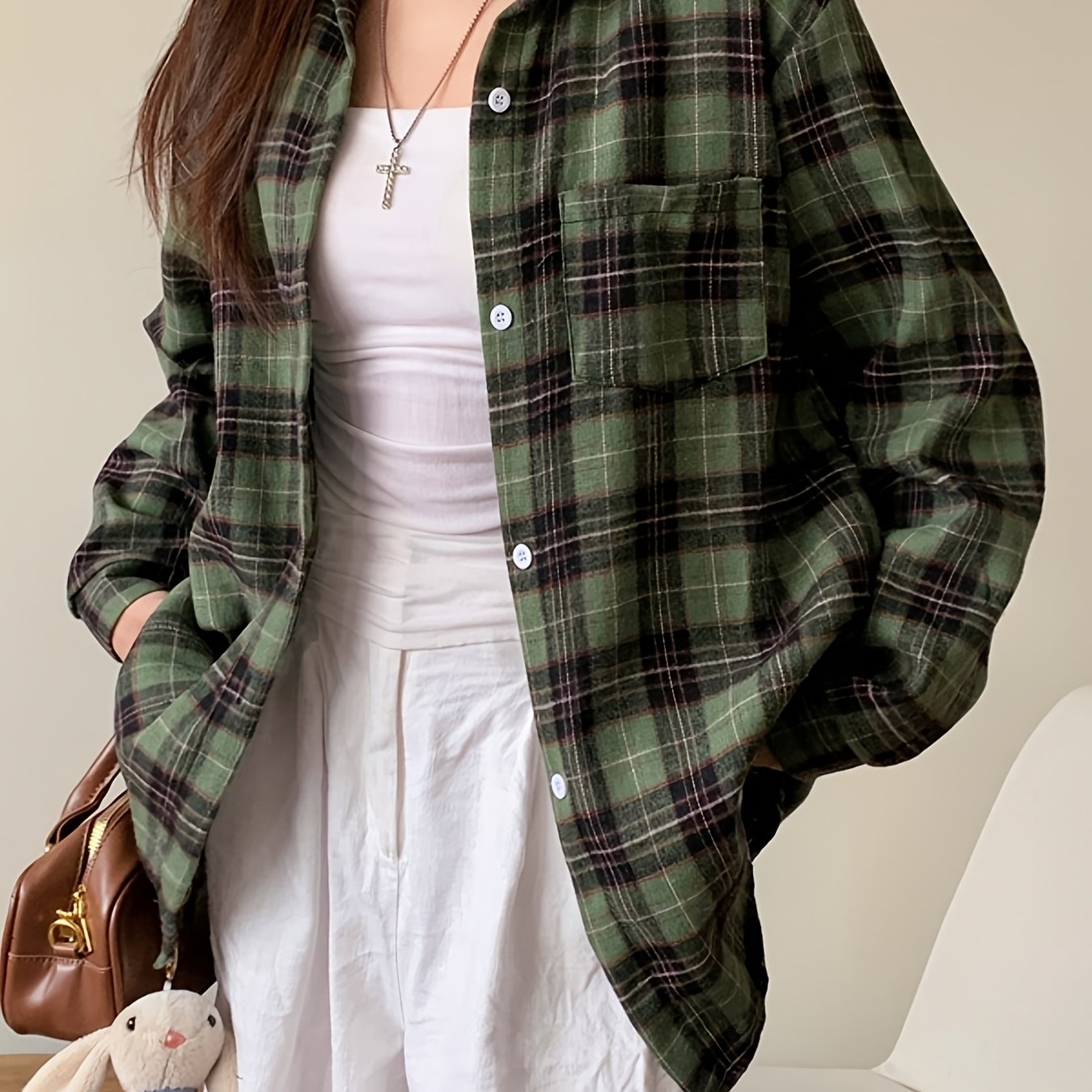 TEMU Camicia a quadri taglie forti a maniche lunghe, cardigan retr簷, blusa da donna, top inverno