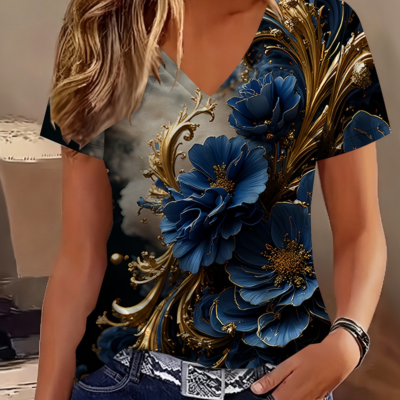 TEMU Women's Elegant V-neck Short-sleeve T-shirt With Surreal Blue & Golden Abstract Print - Dreamlike Floral And Design Background For Casual &