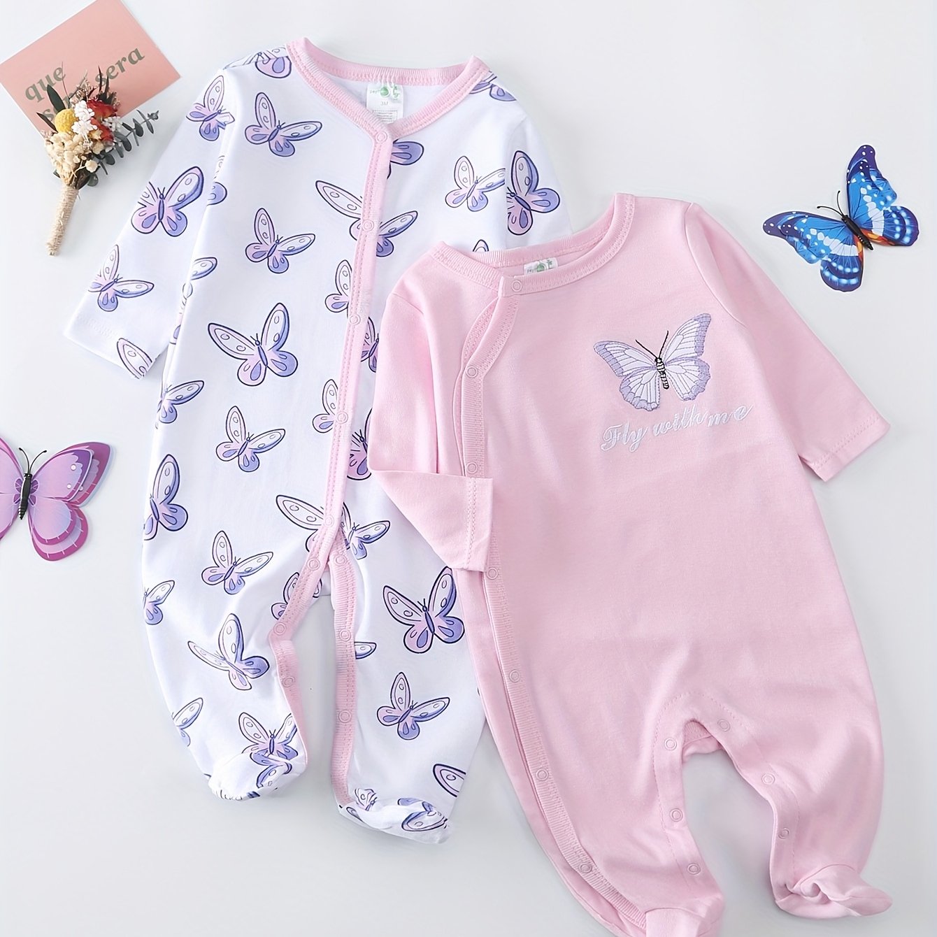Image of 2pcs Girls' Cotton Long Sleeve Footed Bodysuit, Casual V-neck With Stretchy Knit Fabric For And Outdoor Wear, Perfect For Outdoor