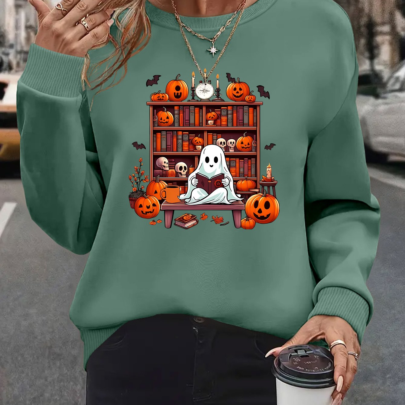 TEMU Loose And Comfortable Featuring And Pumpkin Prints On A Bookshelf, Soft Casual Long-sleeve Round-neck Sweatshirt, Ideal For Everyday Wear For