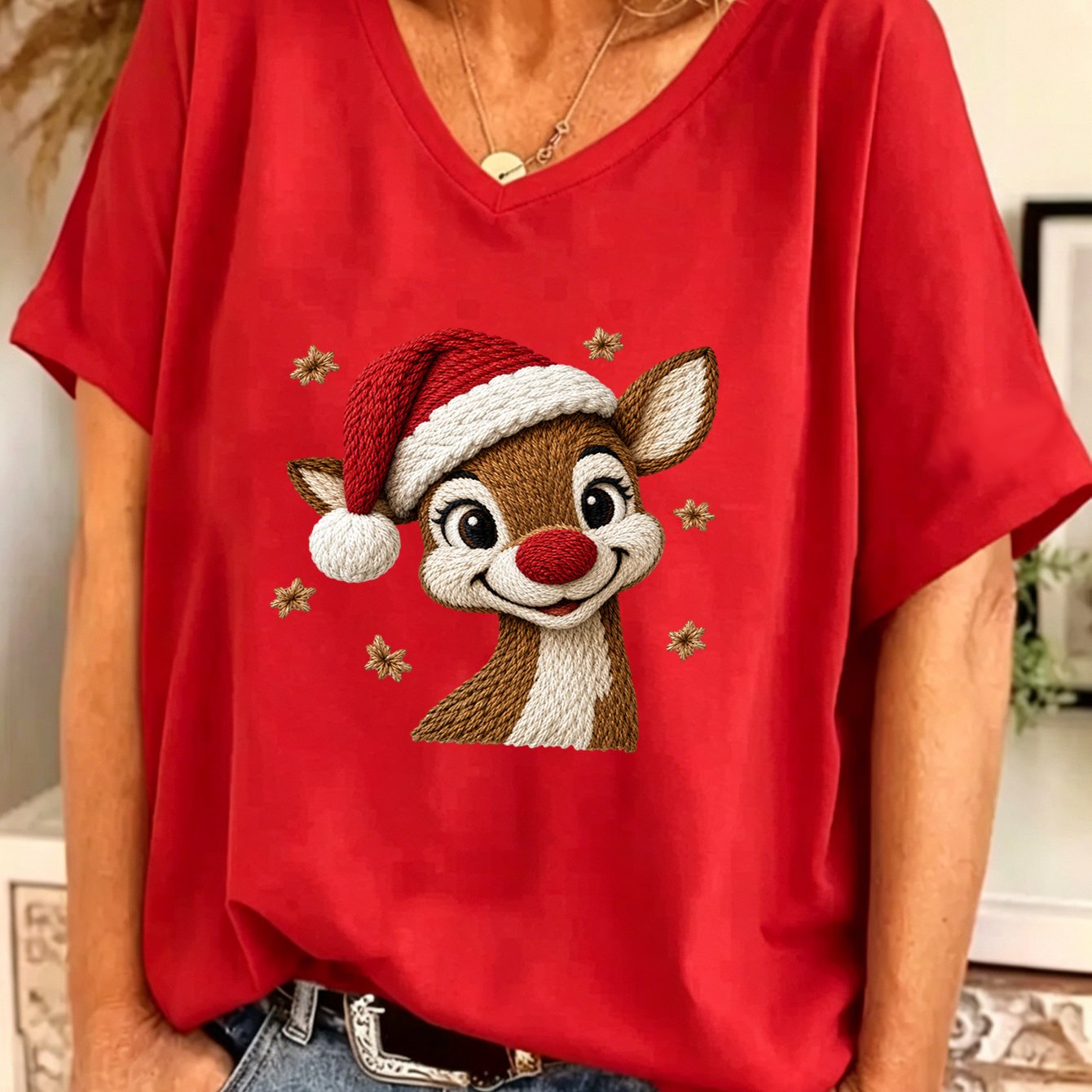 TEMU Plus Size - Christmas Women's Plus Size Batwing Sleeve V-neck T-shirt Pullover Short Sleeve Top Christmas Reindeer Print Pattern 1xl-8xl Large