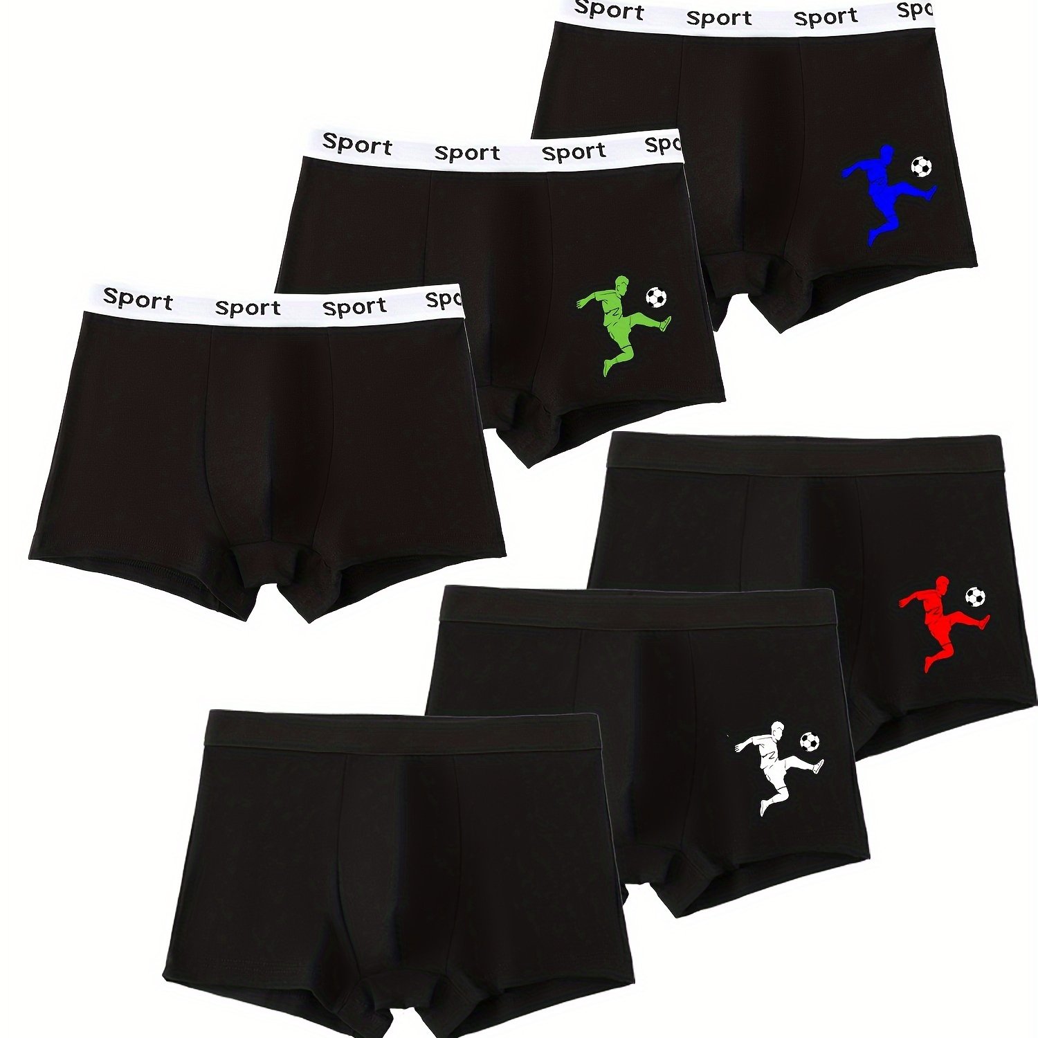 6-pack Boys' Boxer Briefs, Solid Black, Soft And Breathable, Football Sports Underwear For Big Boys