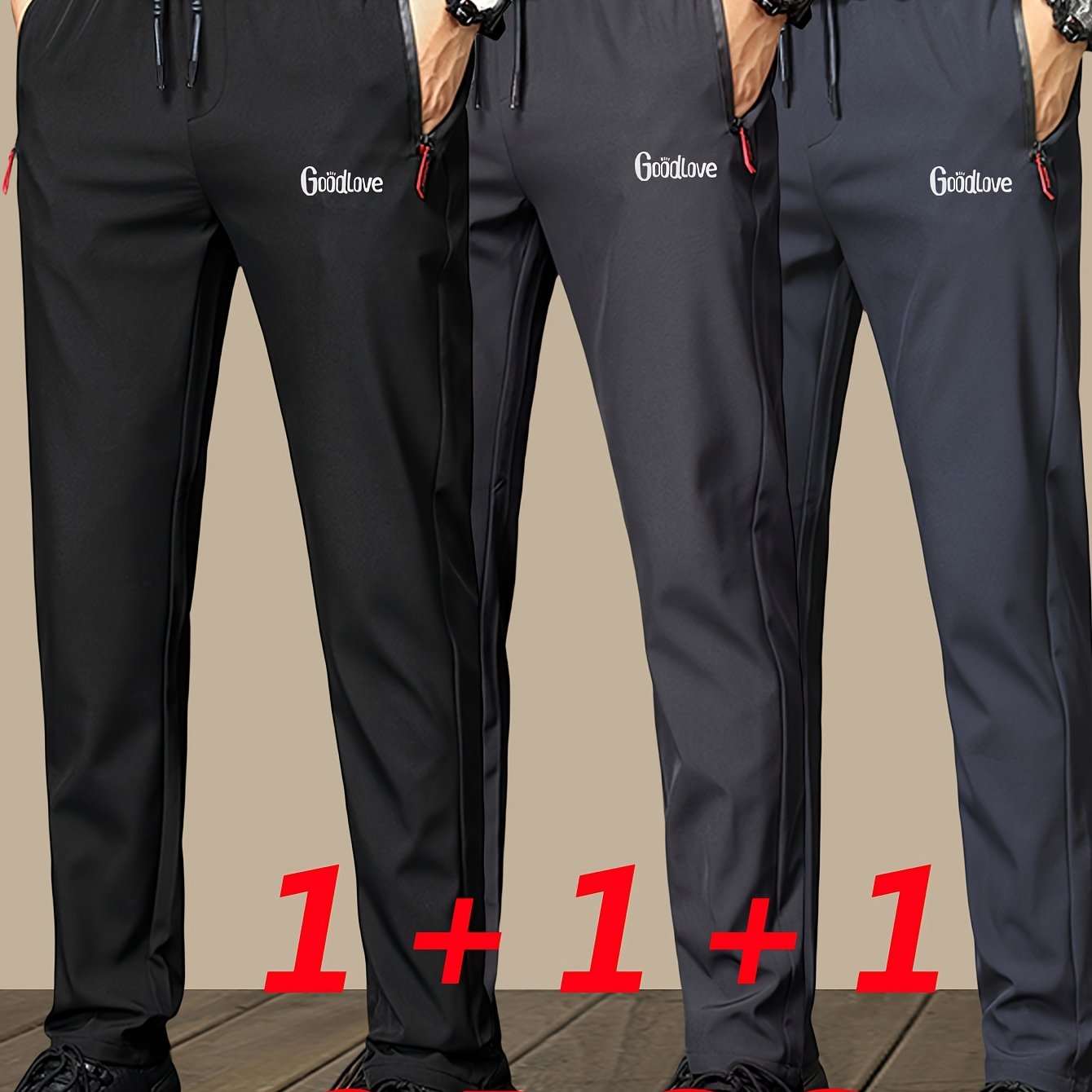 Image of 3pcs Men' Color Lightweight Athletic Casual Pants, Fashion Print, With Zippered Pockets - Versatile , Ideal Gift For Men, 100% Polyester, Holiday Apparel